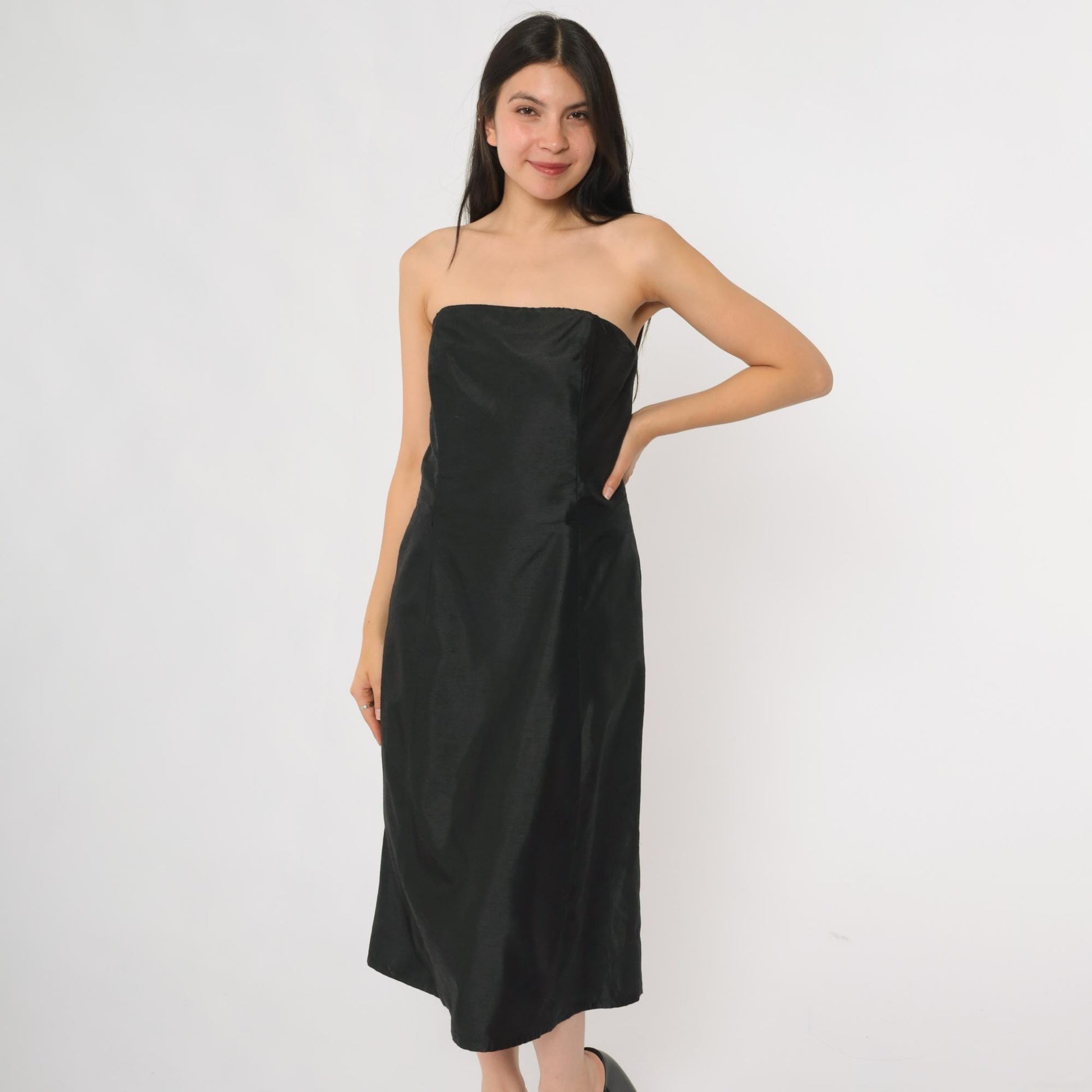 90s ABS Evening Black Strapless Cocktail Dress Midi Small S