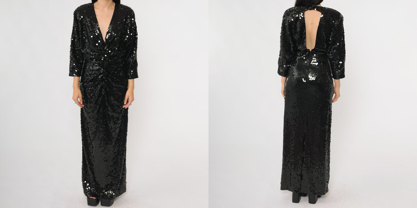 80s Oleg Cassini Black Sequin Evening Gown Plunge V Long Sleeve Open Back Medium