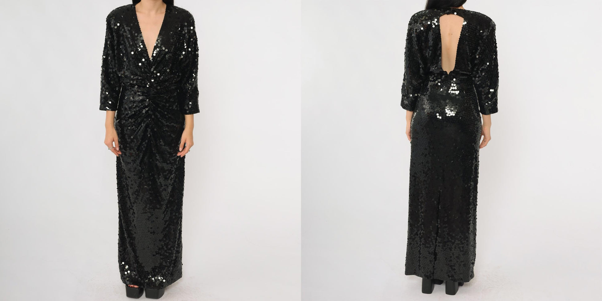 80s Oleg Cassini Black Sequin Evening Gown Plunge V Long Sleeve Open Back Medium