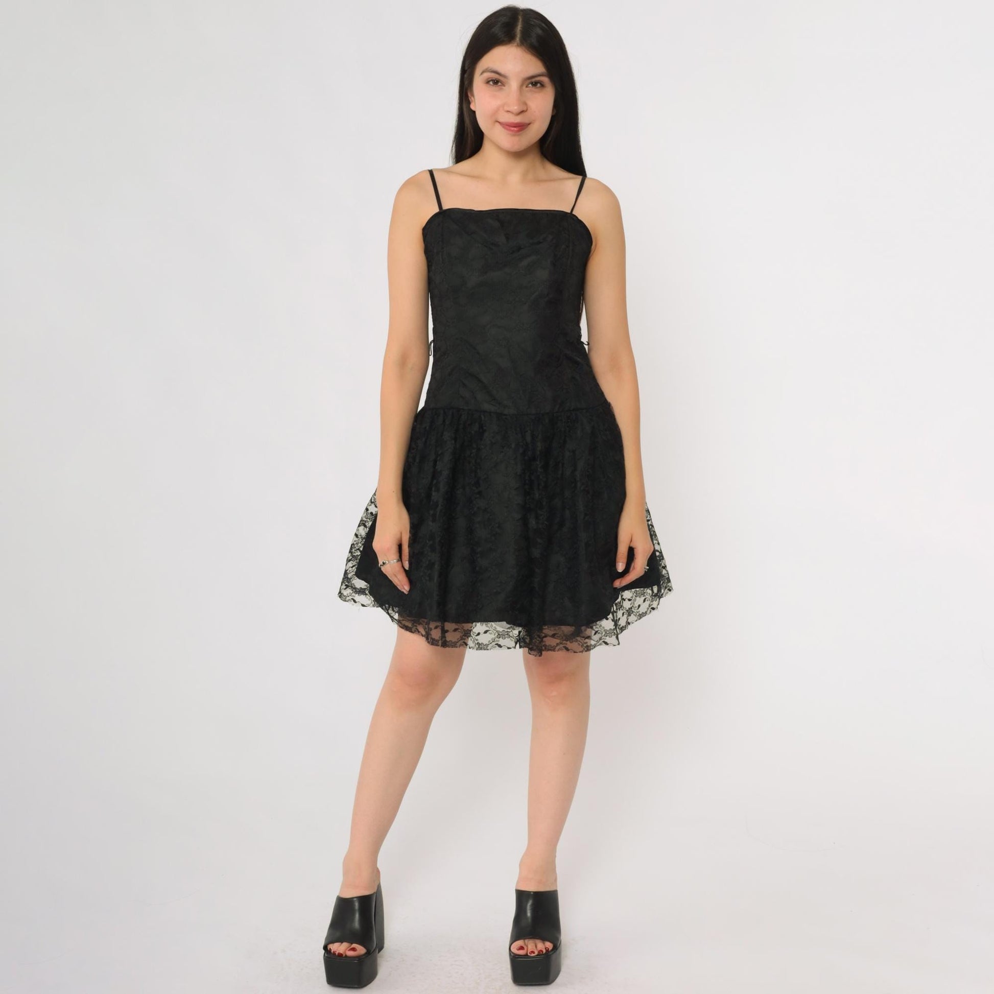 90s Black Lace Mini Dress Drop Waist Skater Prom Extra Small XS