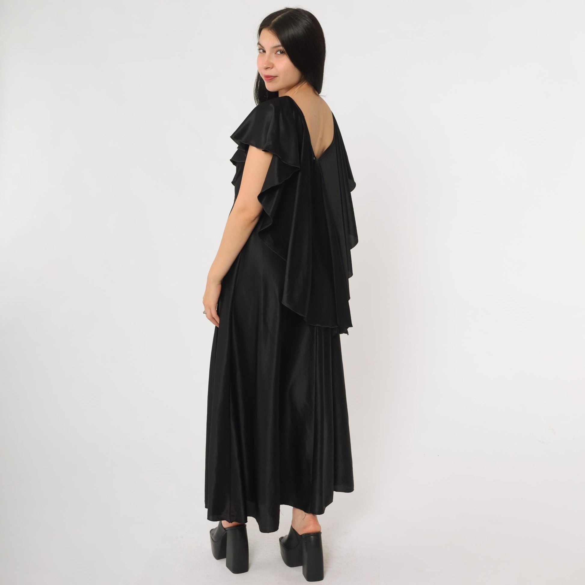 70s Black Satin Maxi Dress Flutter Sleeve Ruffle Overlay Small