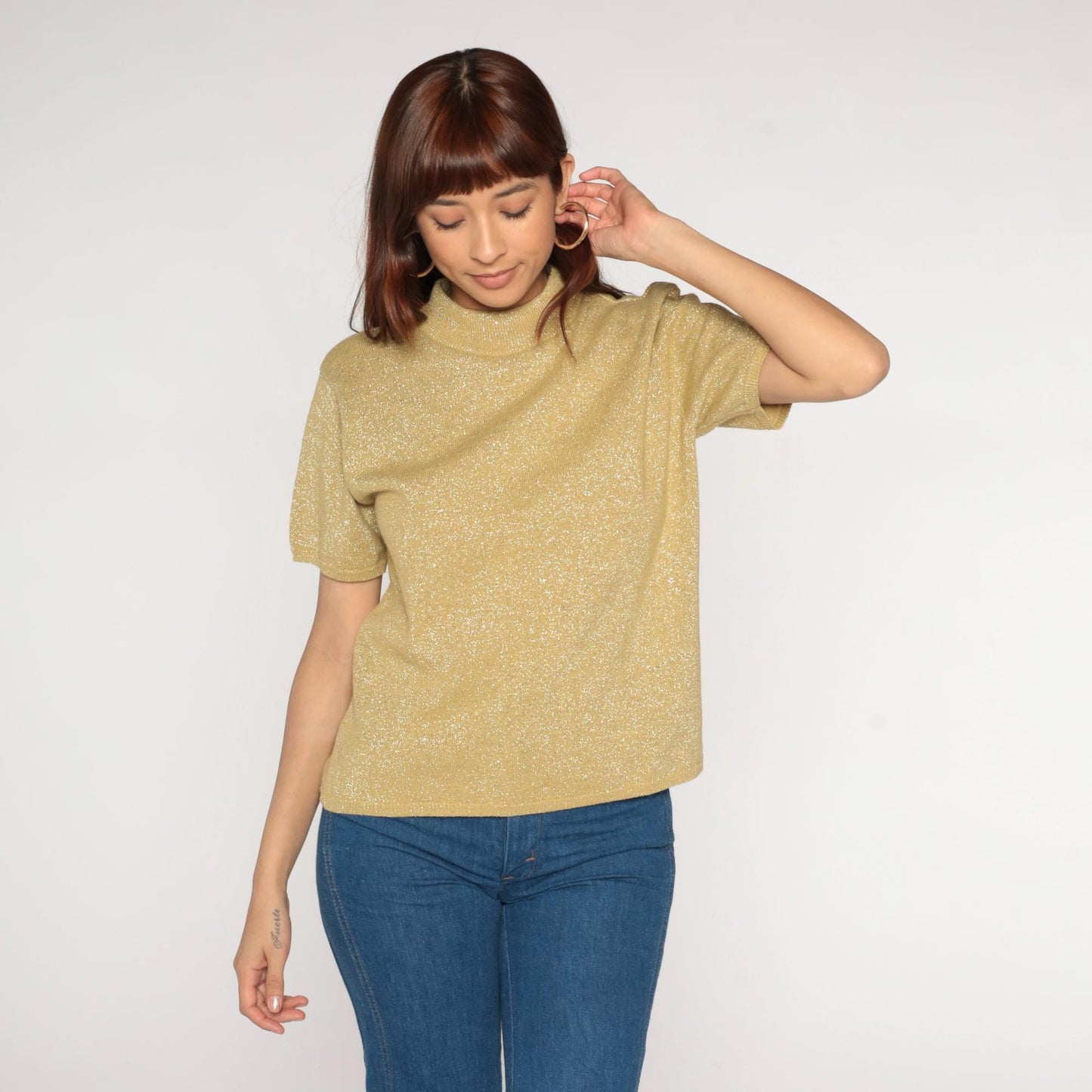 90s Gold Sparkly Knit Short Sleeve Blouse Medium