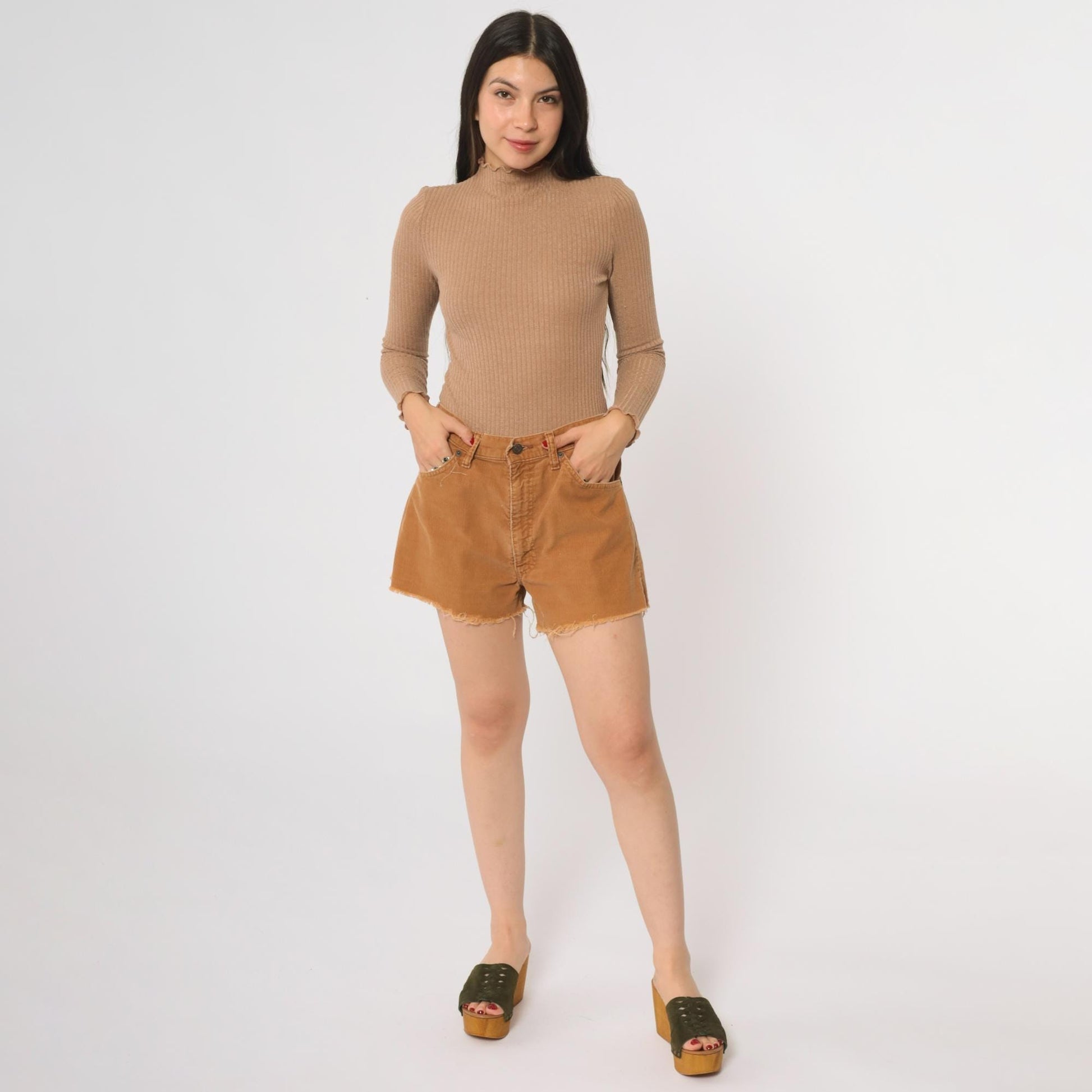 90s Levi's Corduroy Shorts Tan High Waisted Frayed Cutoff Medium