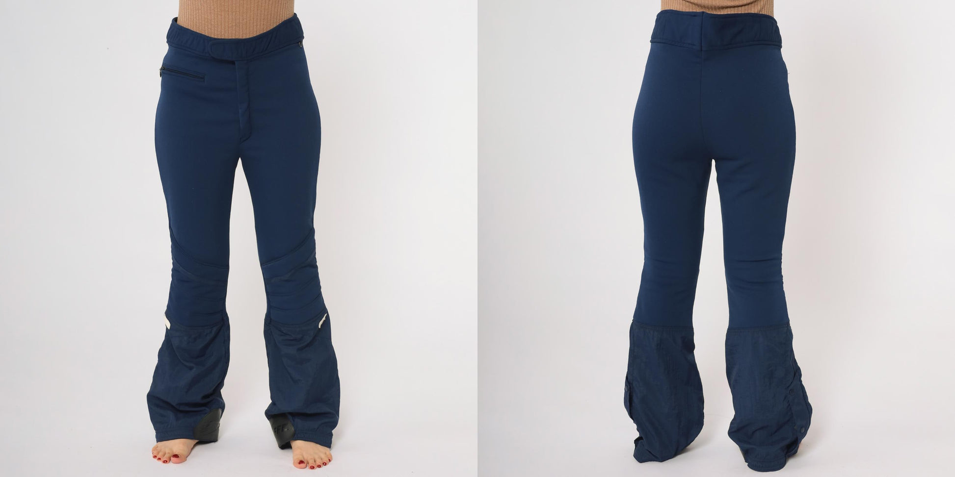 70s Roffe Navy Wool Ski Pants Adjustable Waist Zippered Legs 34 Regular