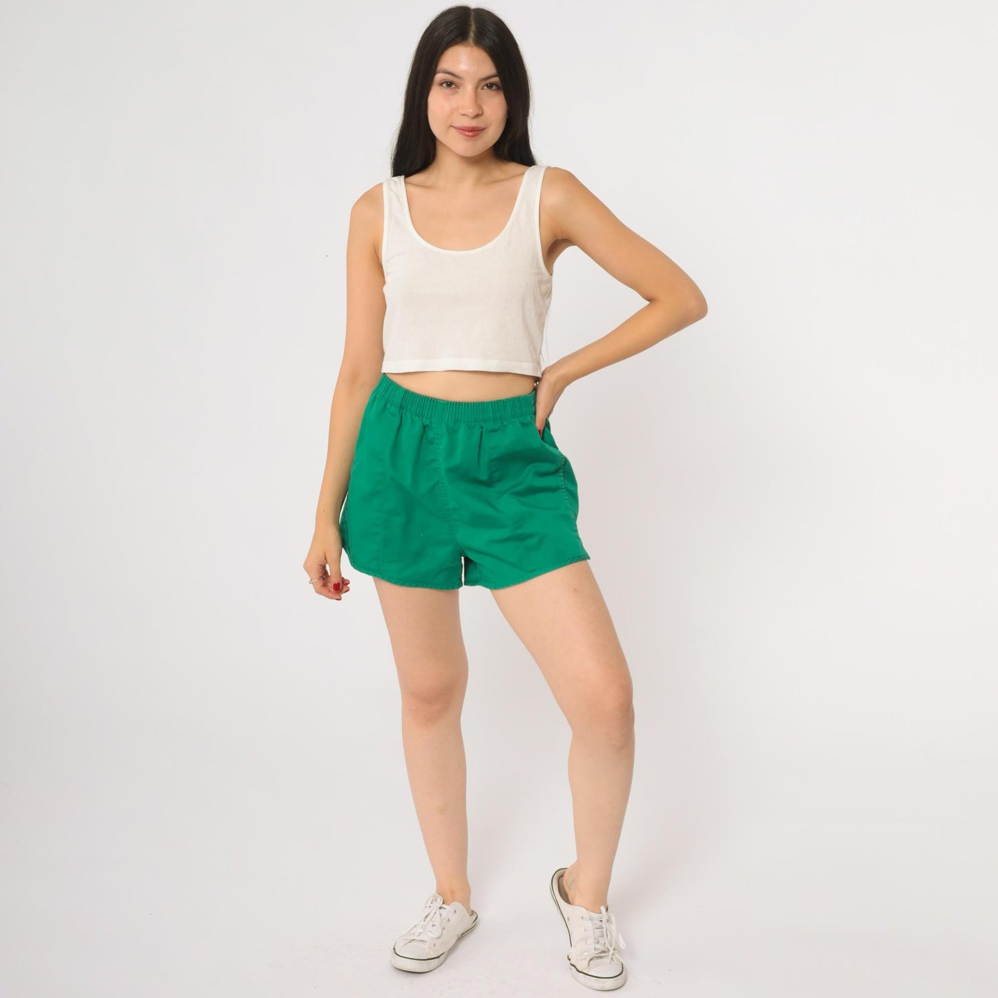 80s Lands End Green Athletic Shorts High Waist Running Gym Small S