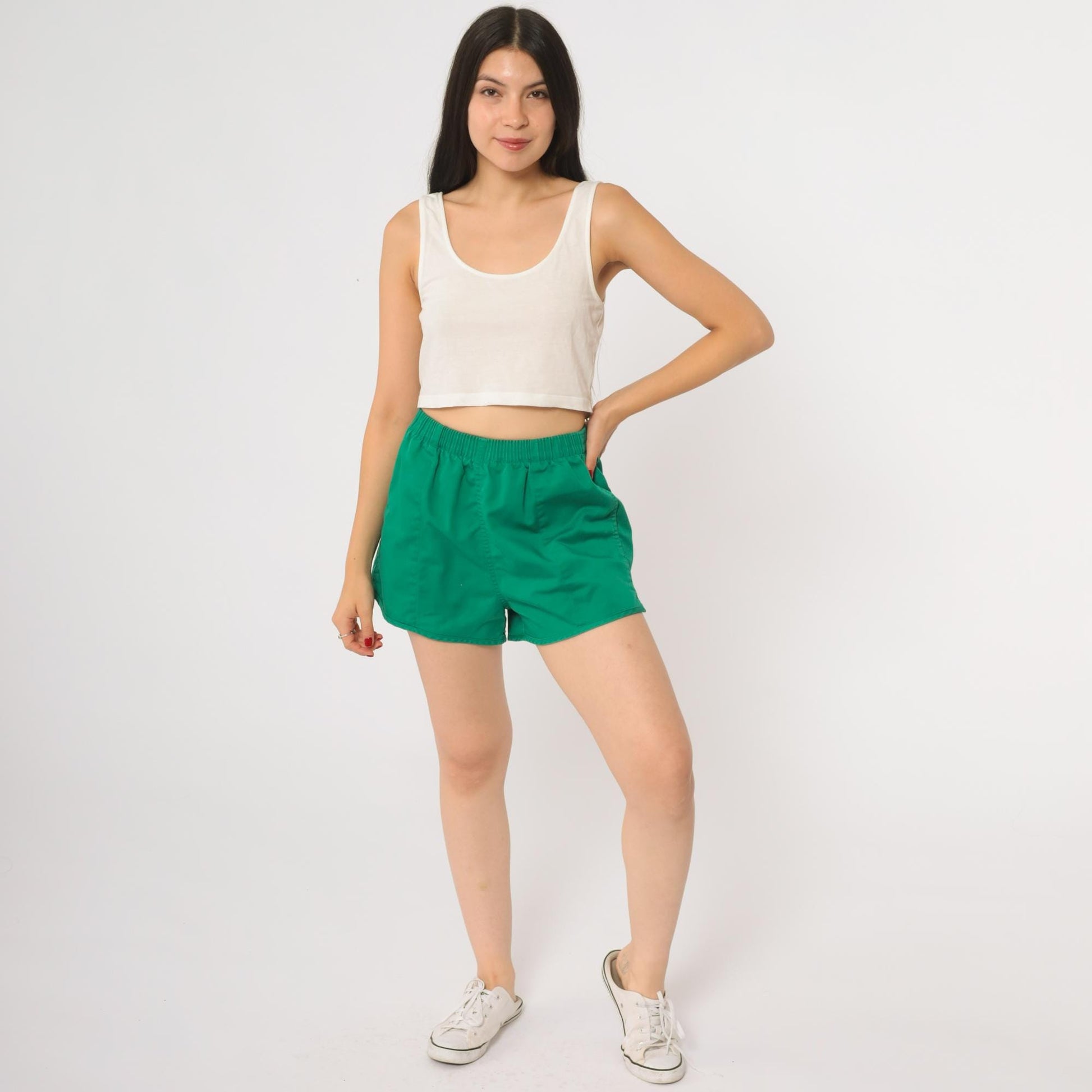 80s Lands End Green Athletic Shorts High Waist Running Gym Small S