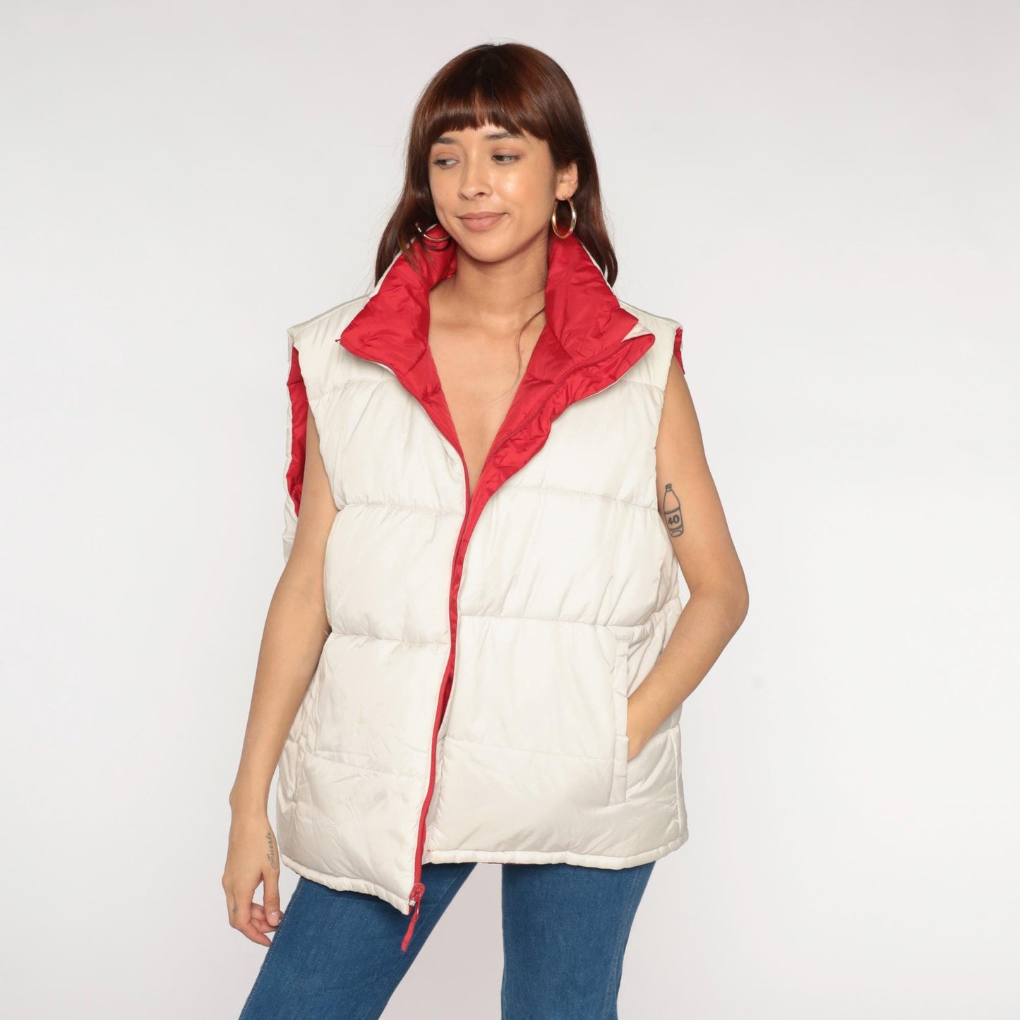 Y2K Red Puffer Vest Reversible Cream Zip Front Sleeveless Large L