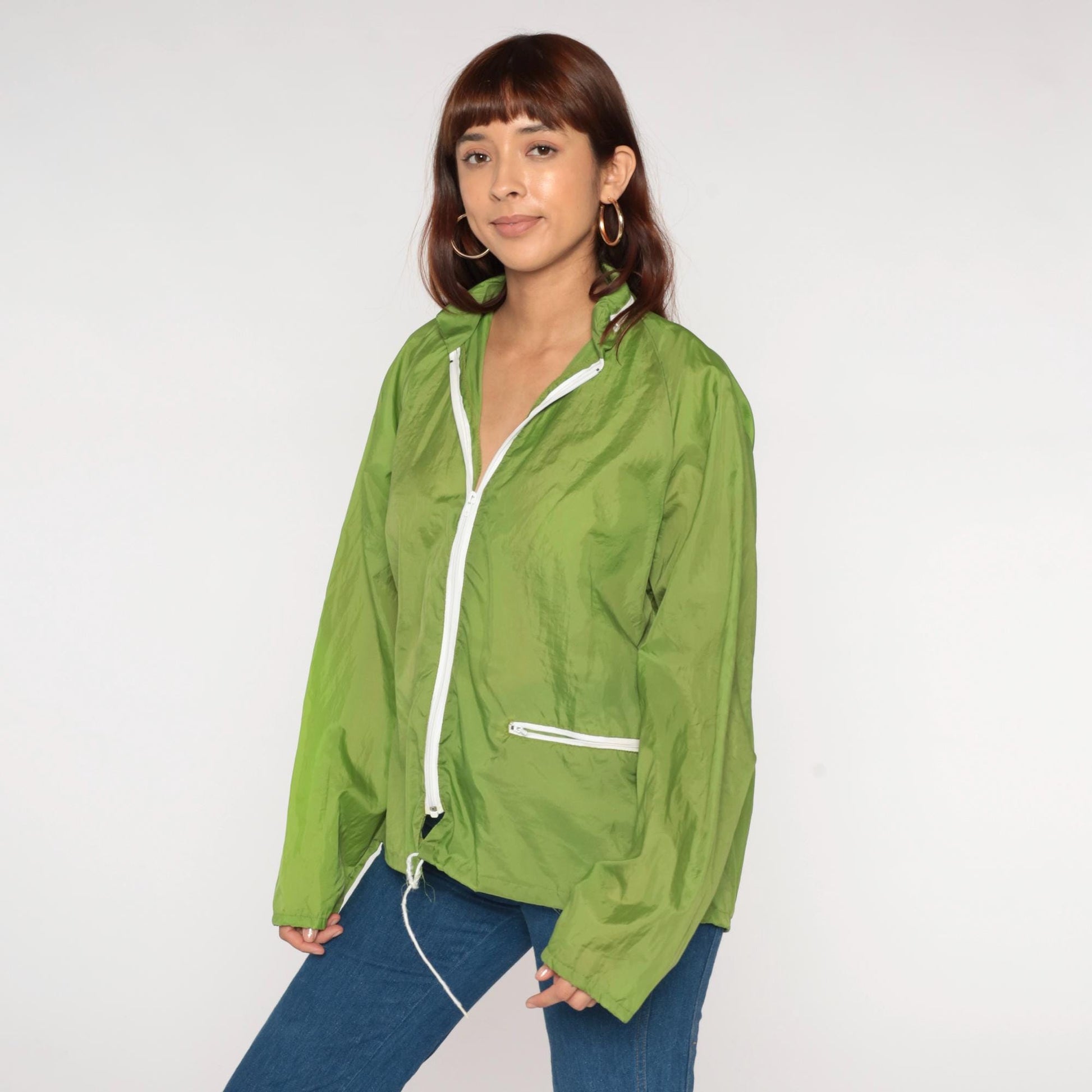 70s Lime Green Windbreaker Nylon Zip Hood Jacket Large L