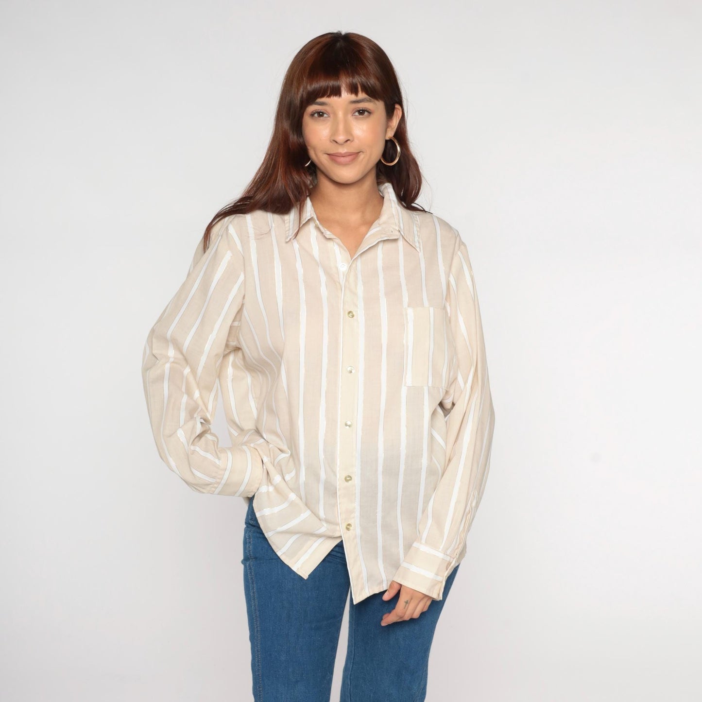 70s Beige Striped Button-Front Shirt Long Sleeve Chest Pocket Extra Large
