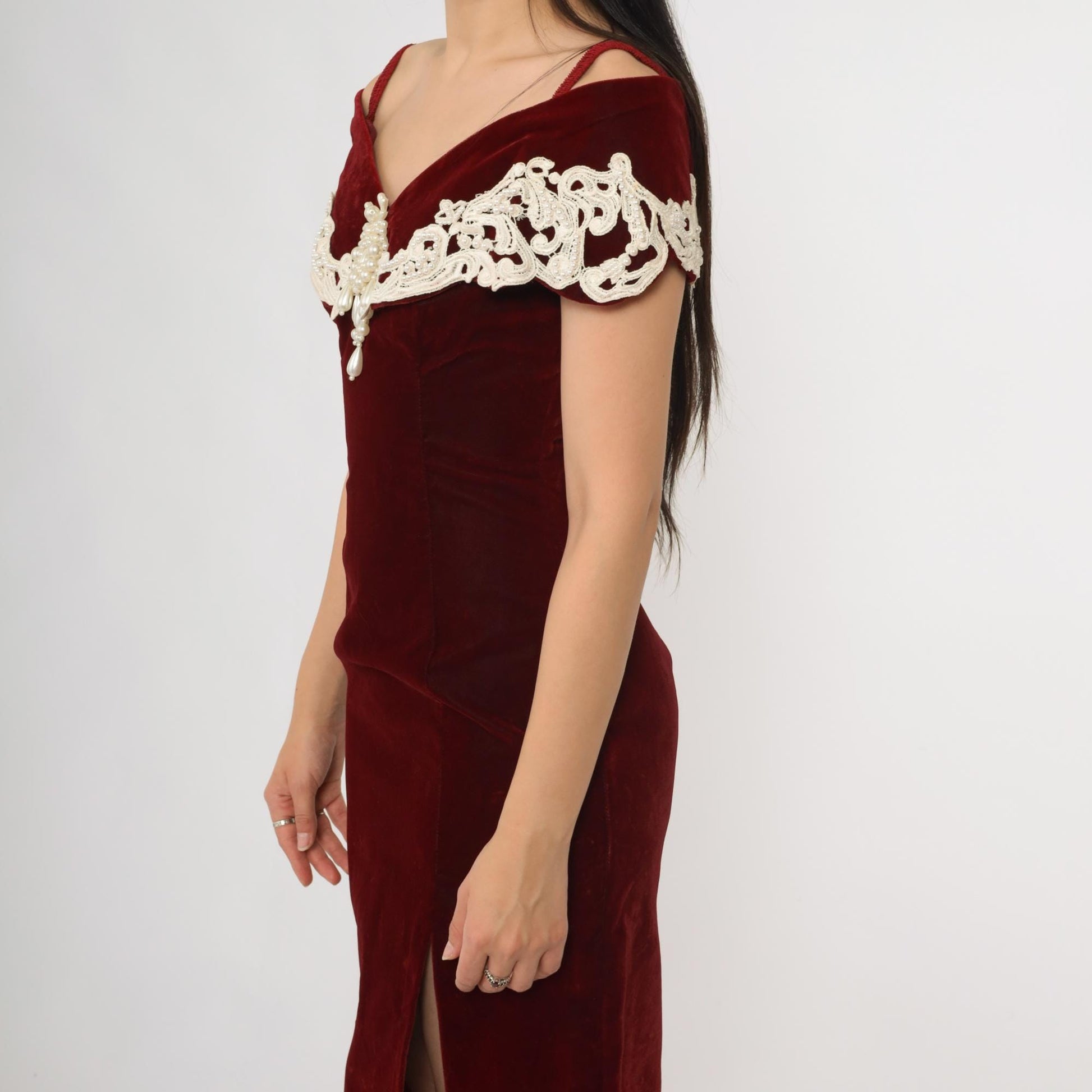 90s Burgundy Velvet Maxi Gown Off-Shoulder Pearl Beaded Lace Small