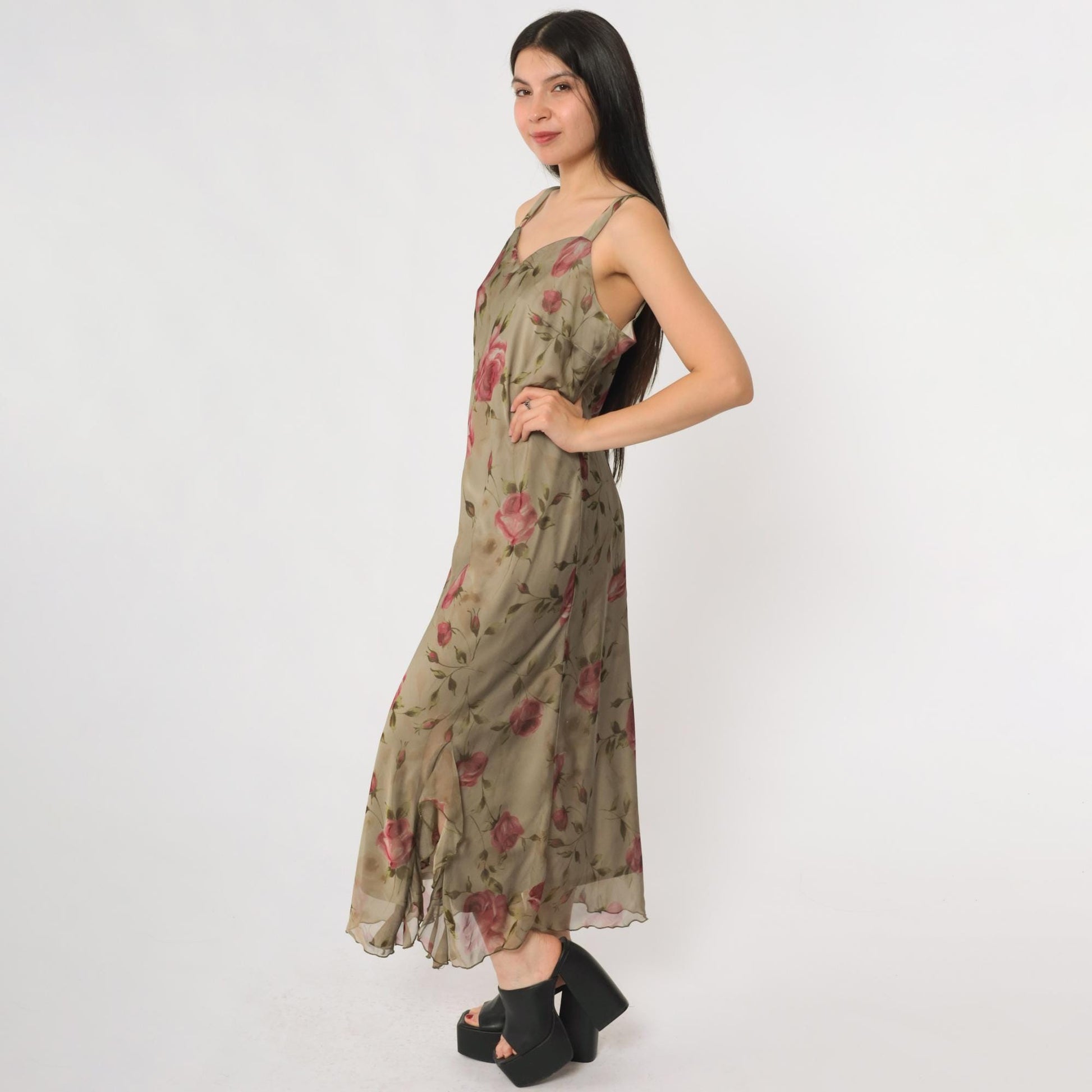 90s R & M Richards Floral Maxi Dress Sage Green Pink Rose Print Petite 8P