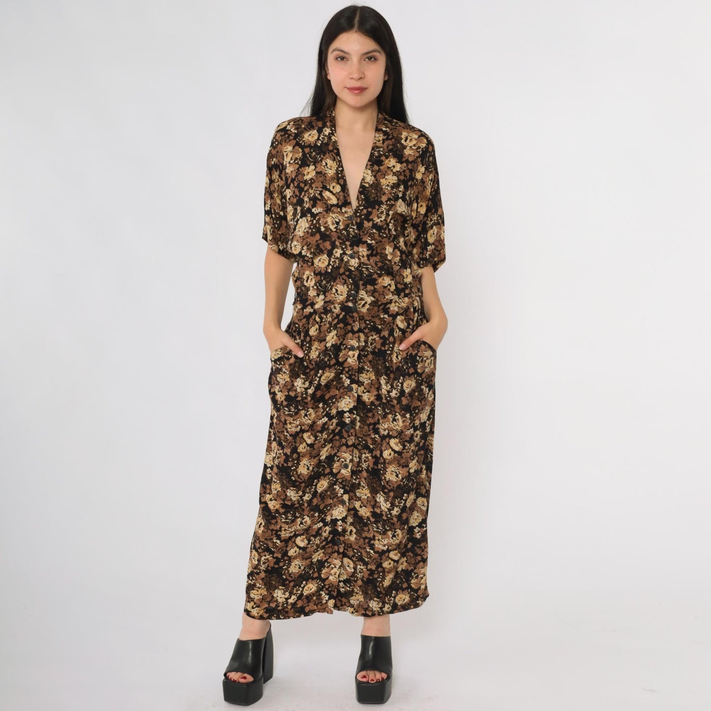 90s Rabbit Designs Floral Maxi Dress Black Rose Print Button Front Medium