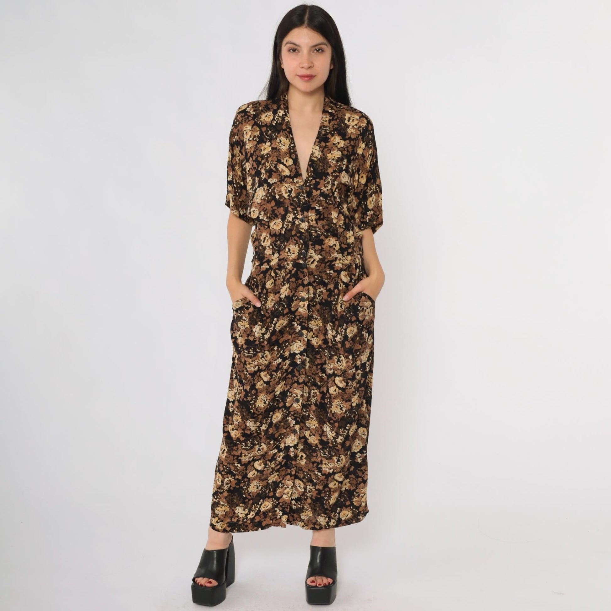 90s Rabbit Designs Floral Maxi Dress Black Rose Print Button Front Medium