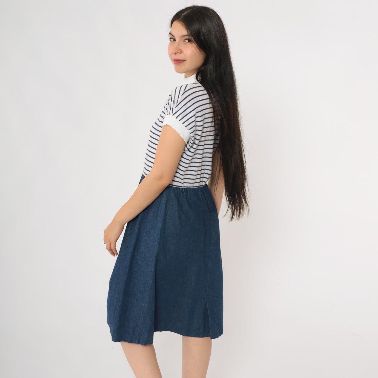 80s Nautical Striped Knit Denim Midi Dress Mock Neck White Navy Small