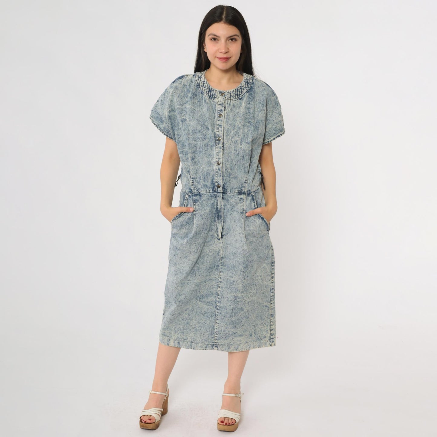 90s Acid Wash Denim Midi Dress Button Front Utility Pockets Cotton Large L
