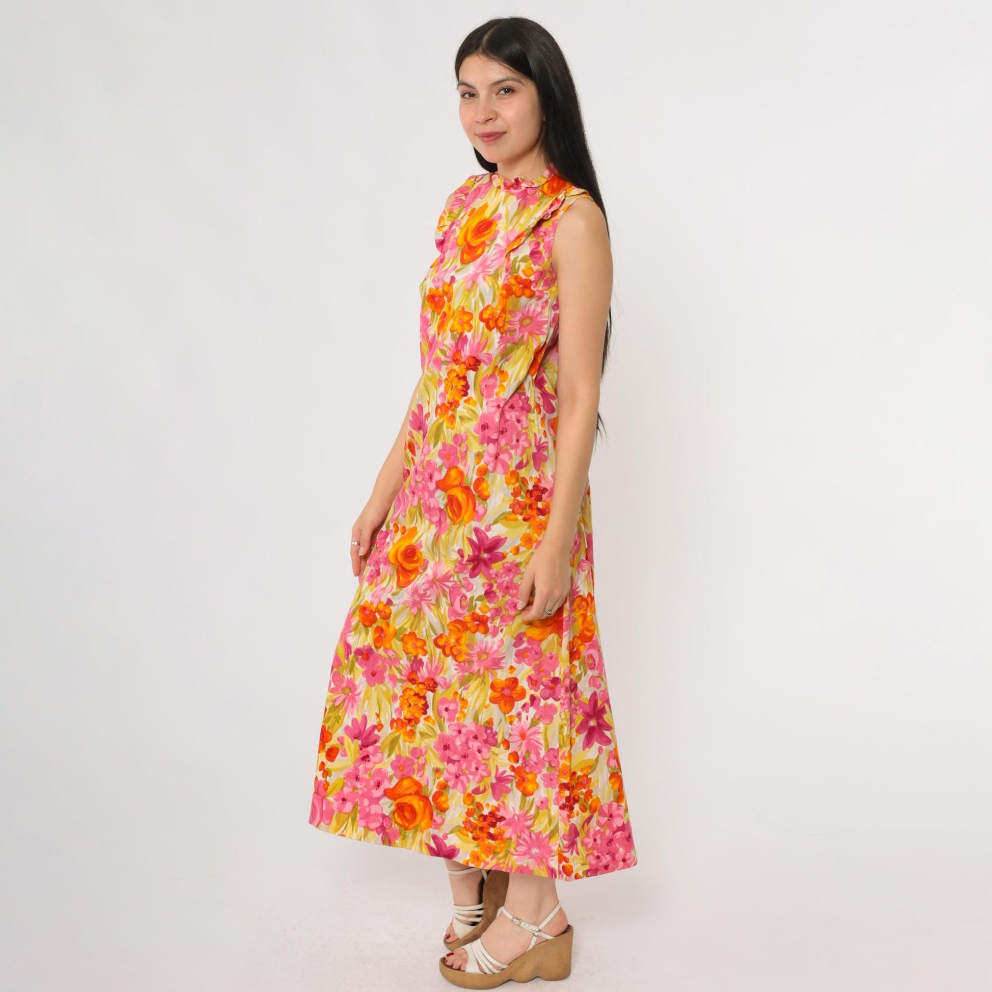 70s McInerny Honolulu Hawaiian Maxi Dress Tropical Floral Barkcloth Small