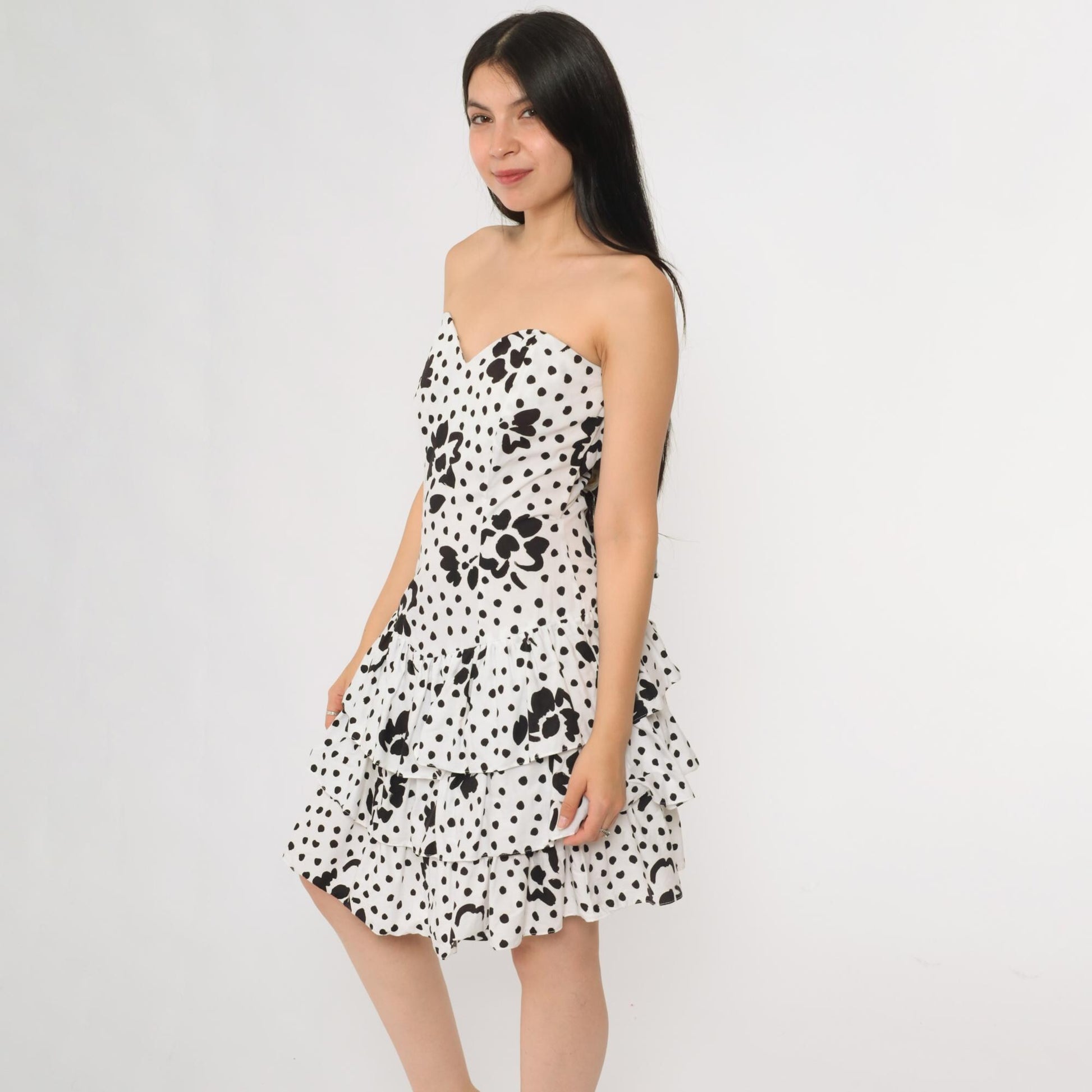 80s Rampage Strapless Mini Dress Black White Polka Dot Floral Sweetheart Small