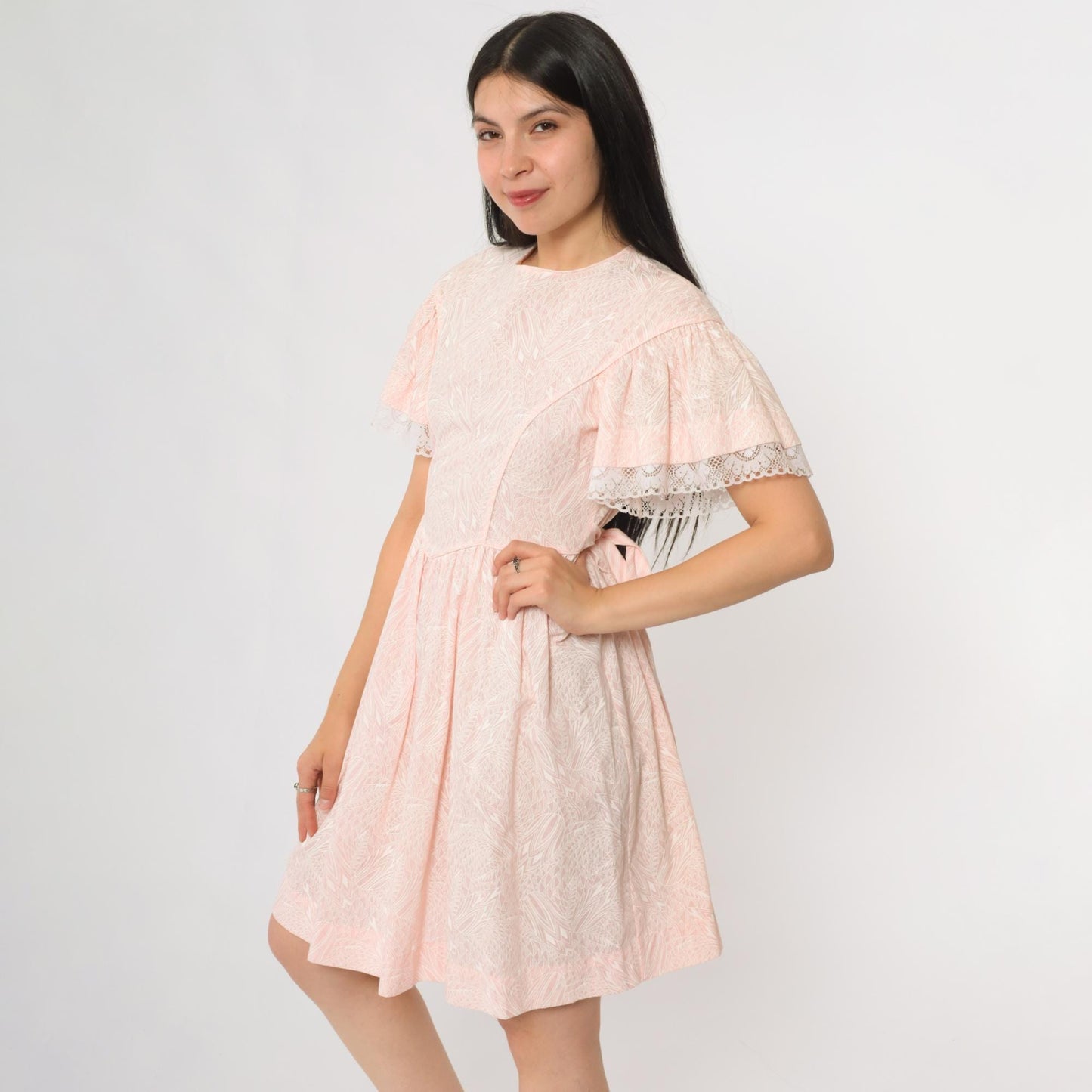 80s Pink Mini Dress White Leaf Print Flutter Sleeve Babydoll Tie Back Small S