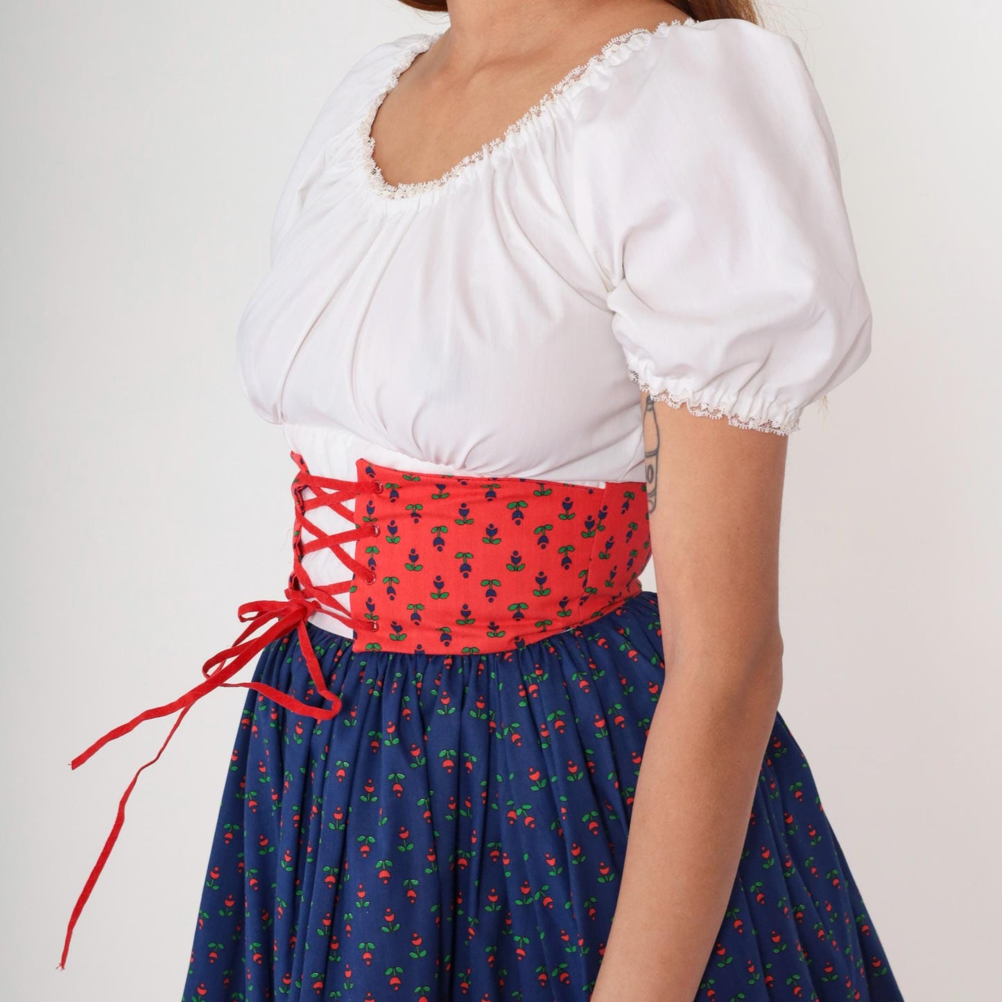 70s Folk Dirndl Dress Blue Floral White Puff Sleeve Red Corset Extra Small