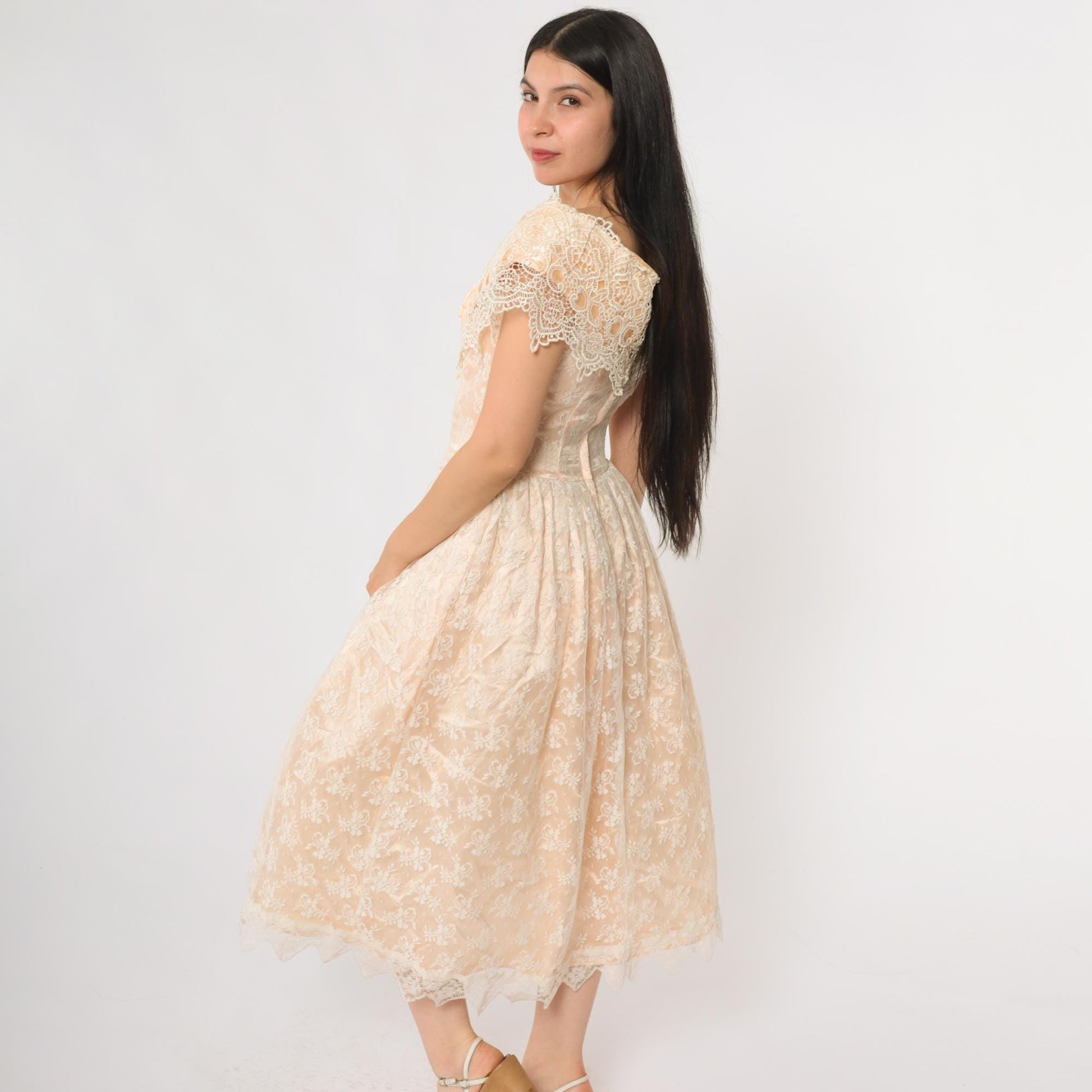 80s Scott McClintock Peach Lace Evening Gown Off-Shoulder Midi Small