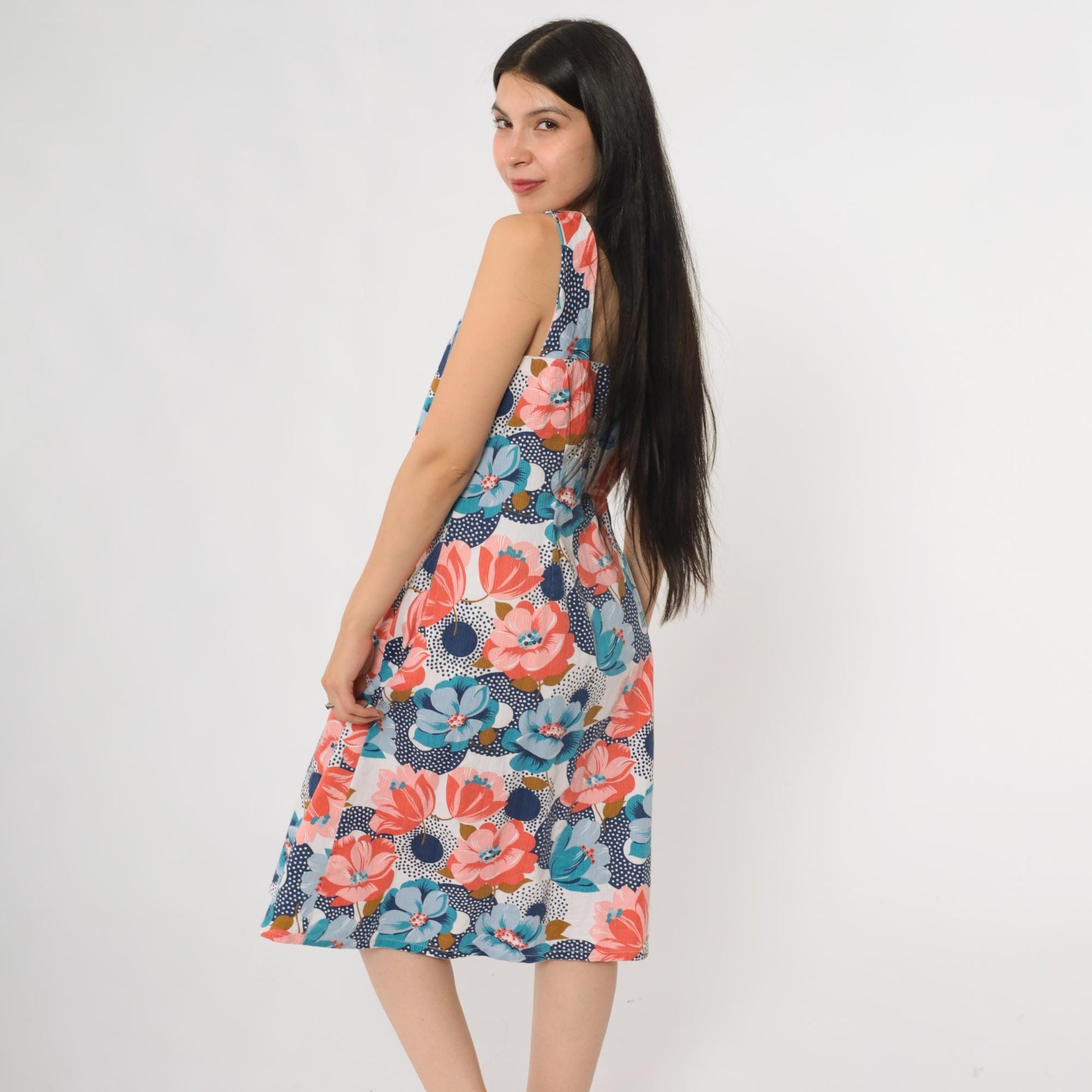 70s Floral Day Dress Sleeveless Scoop Neck Front Zip Midi Pink Blue Orange Green Medium