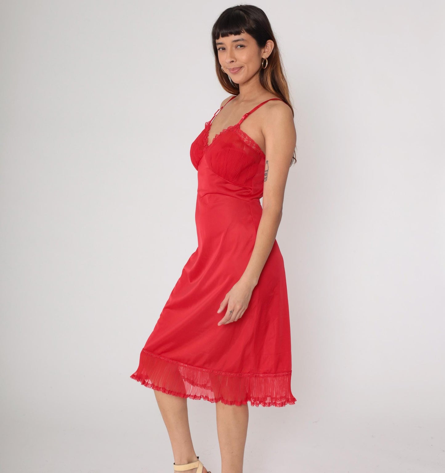 70s Shadowline Red Nylon Slip Dress Lace Trim Midi Spaghetti Strap Medium