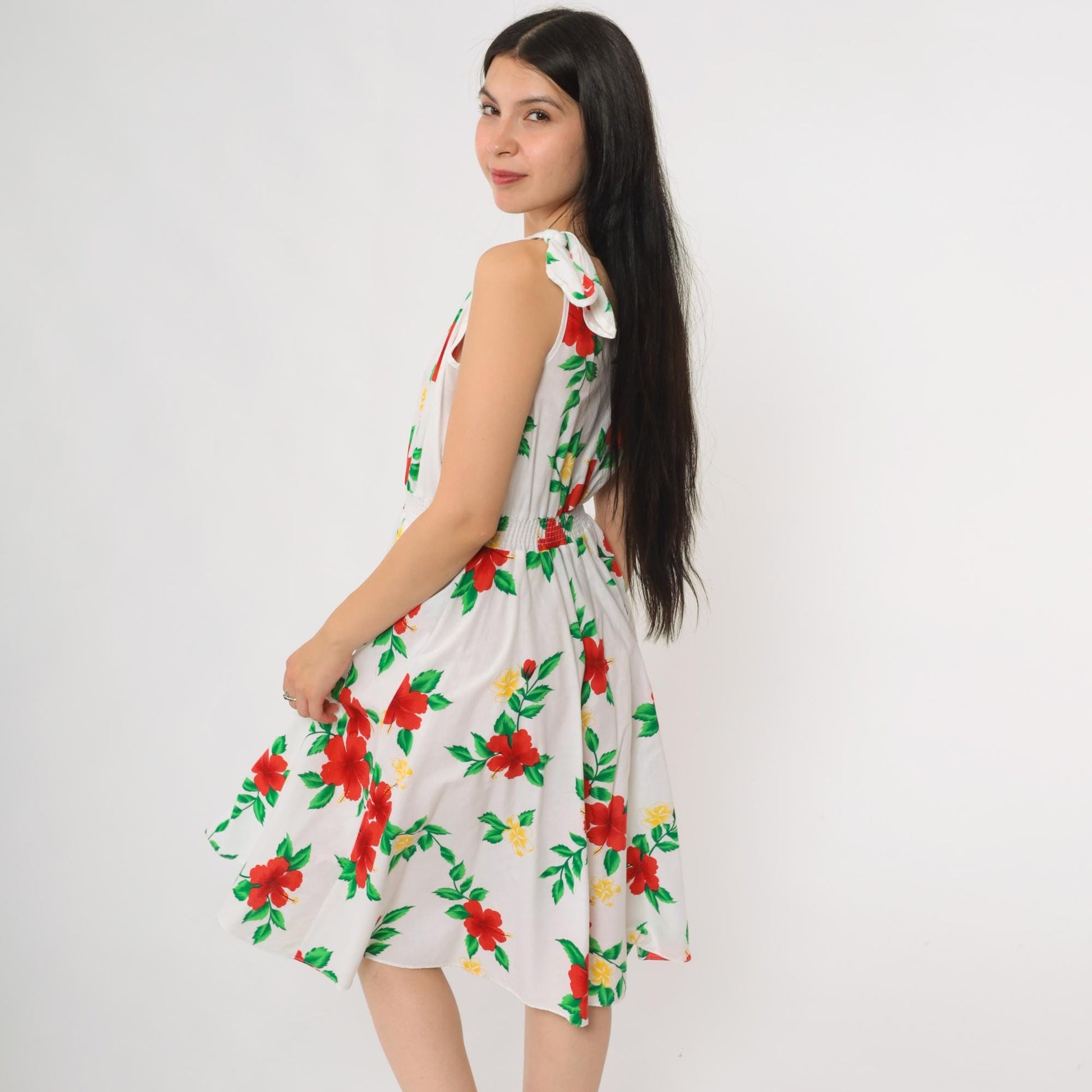 80s Royal Creations White Cotton Hibiscus Floral Midi Dress Tie Shoulder Small