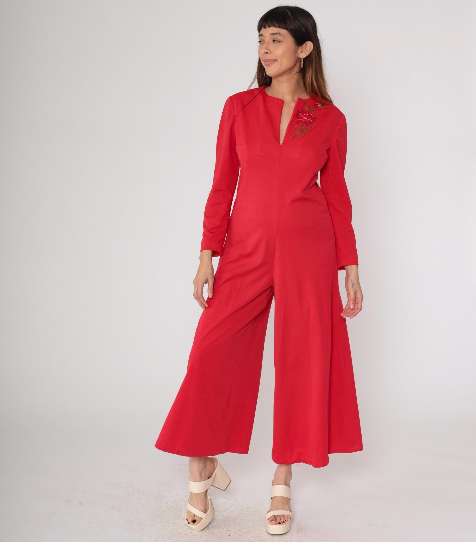 70s Red Jumpsuit Rose Embroidered Wide Leg V-Neck Long Sleeve Medium