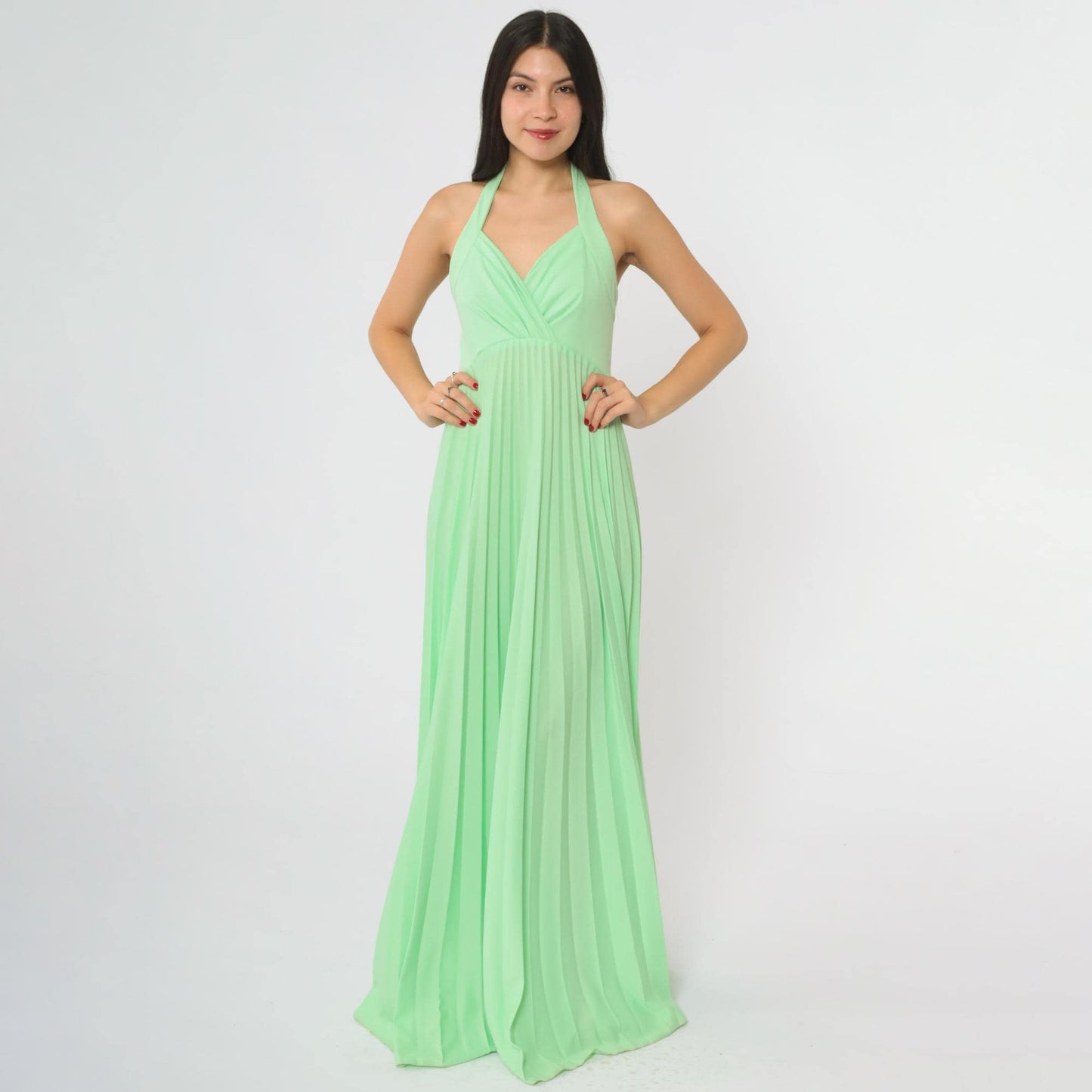 70s Lime Green Halter Maxi Dress Pleated V-Neck Floor-Length Small