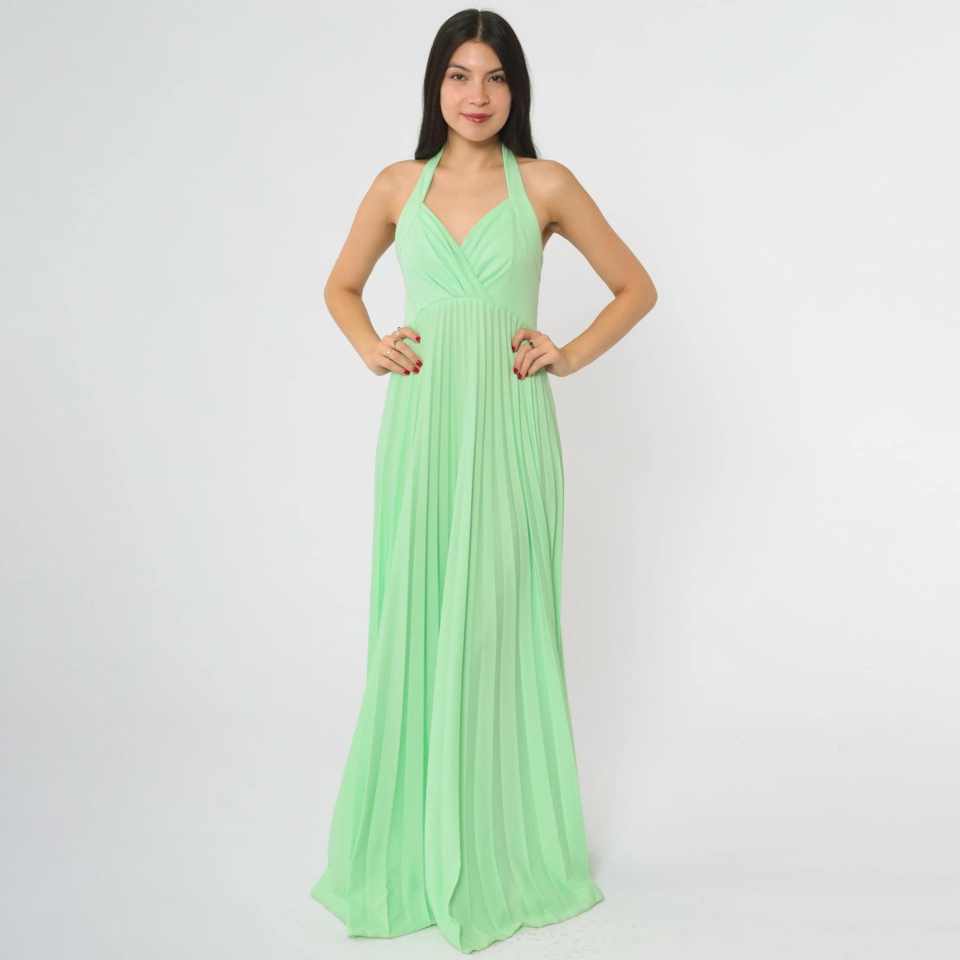 70s Lime Green Halter Maxi Dress Pleated V-Neck Floor-Length Small
