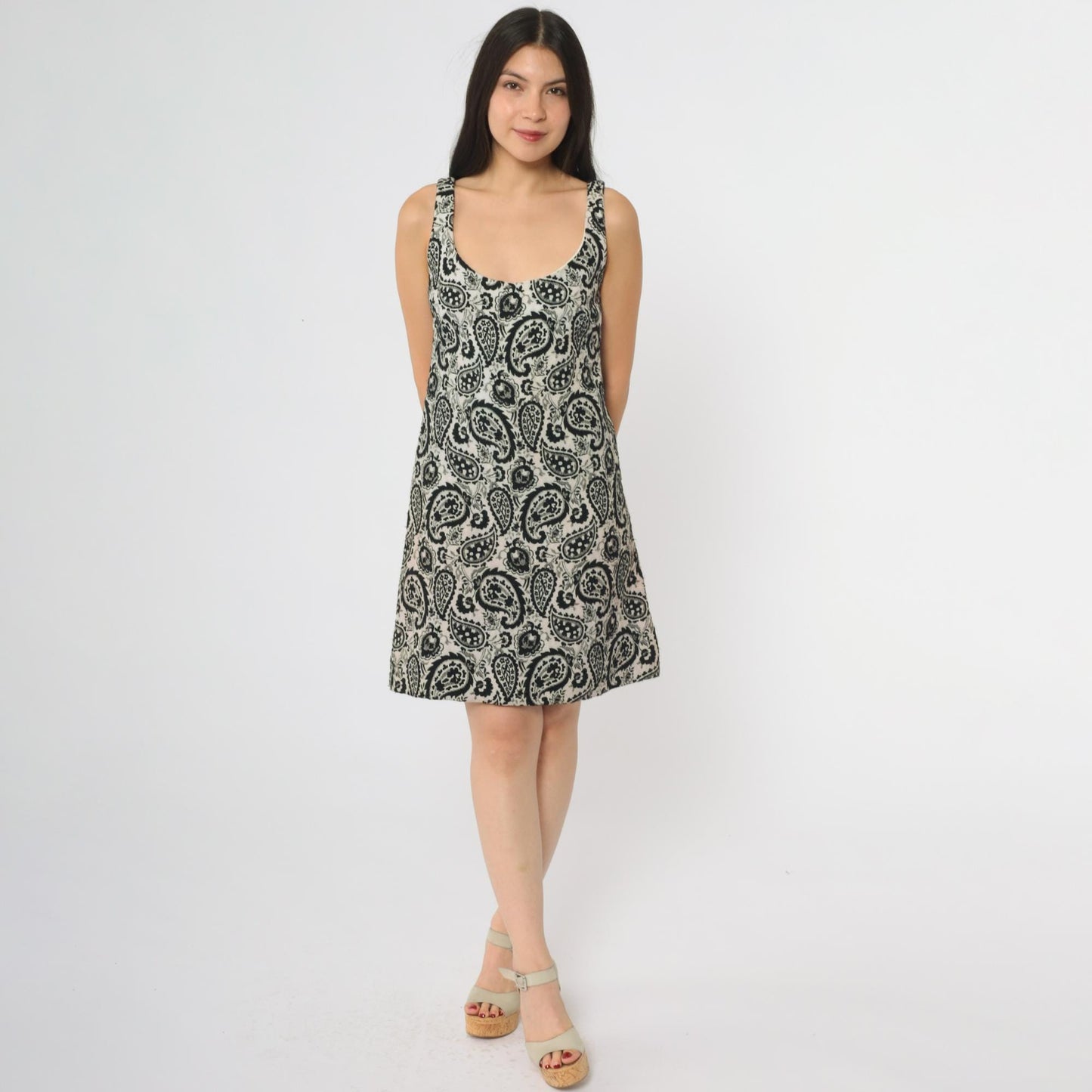 60s Paisley Mini Dress Black White Mod Tank A-Line Small
