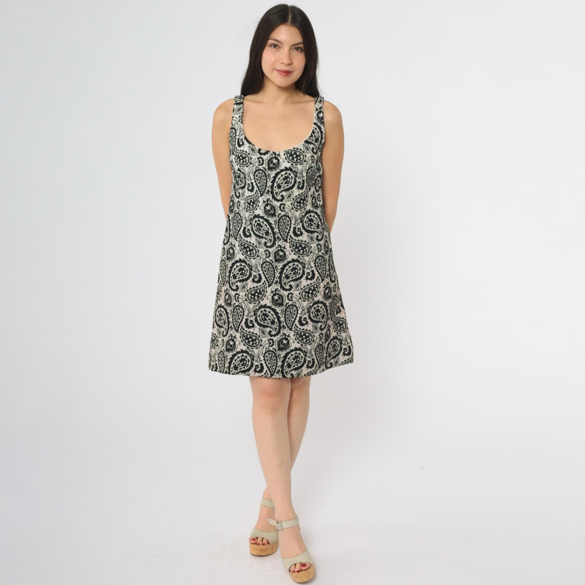60s Paisley Mini Dress Black White Mod Tank A-Line Small