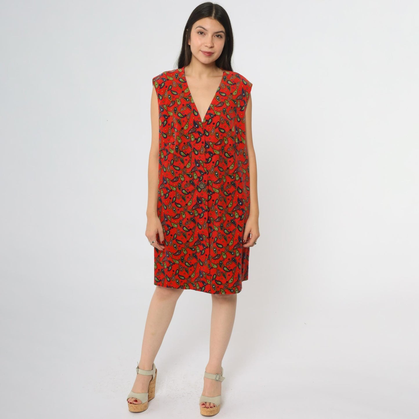 60s Red Paisley Mini Dress Deep V Sleeveless A-Line Shift Extra Large