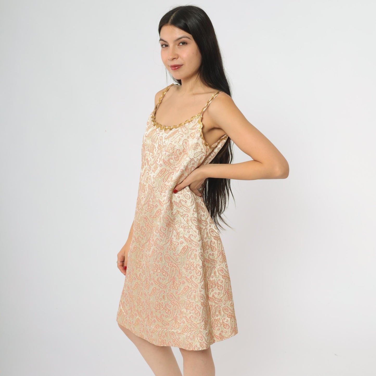 60s Paisley Slip Dress Pink Gold Metallic Mini A-Line Mod Large L