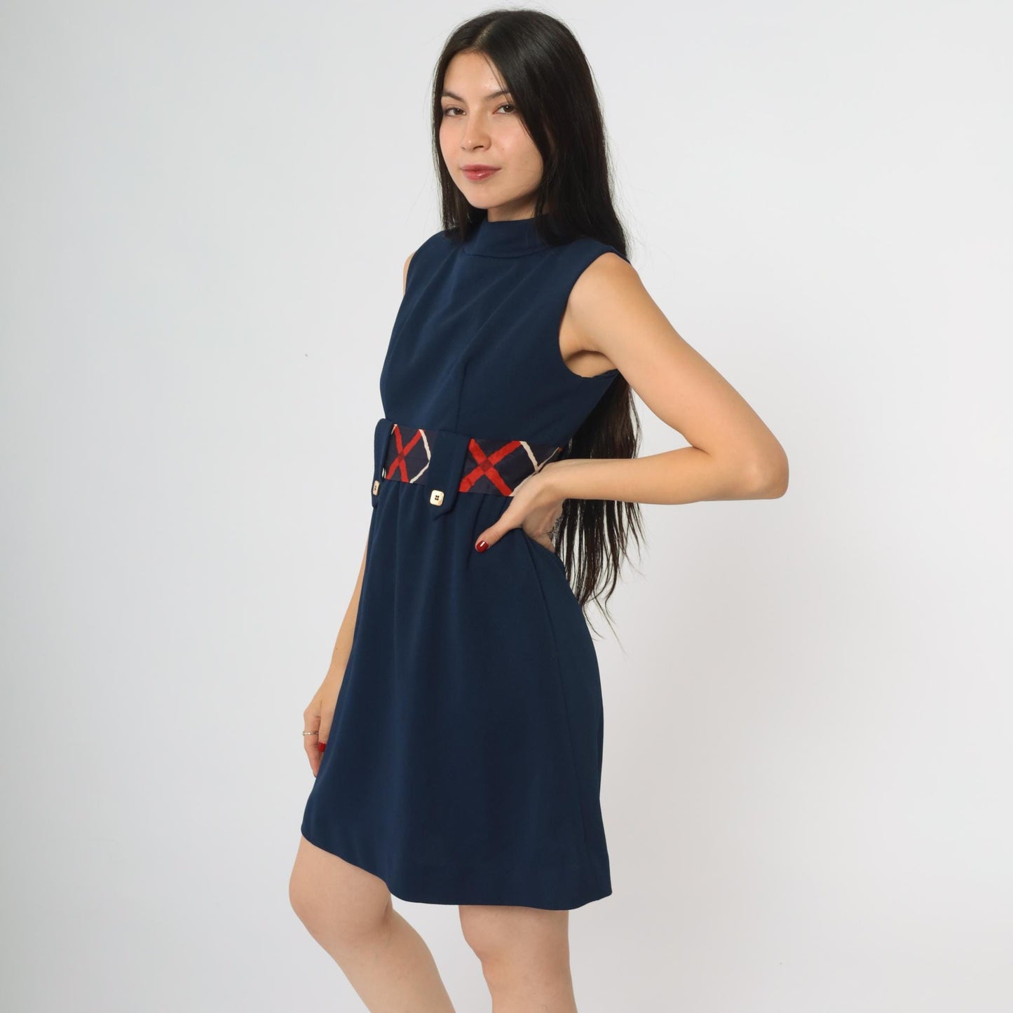 60s Navy Mock Neck Mini Dress Geometric Belt A-Line Sleeveless Extra Small