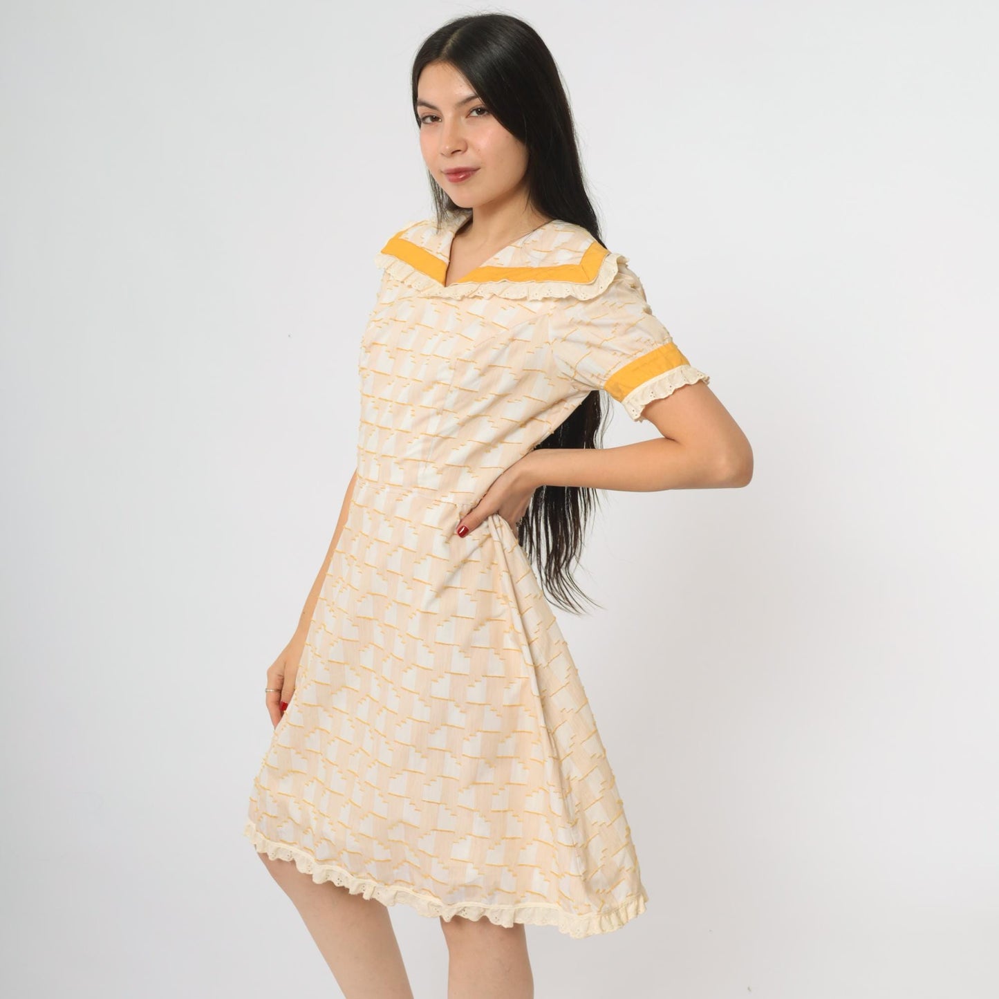 70s Prairie Babydoll Dress Cream Yellow Geometric Print Lace Trim Medium M