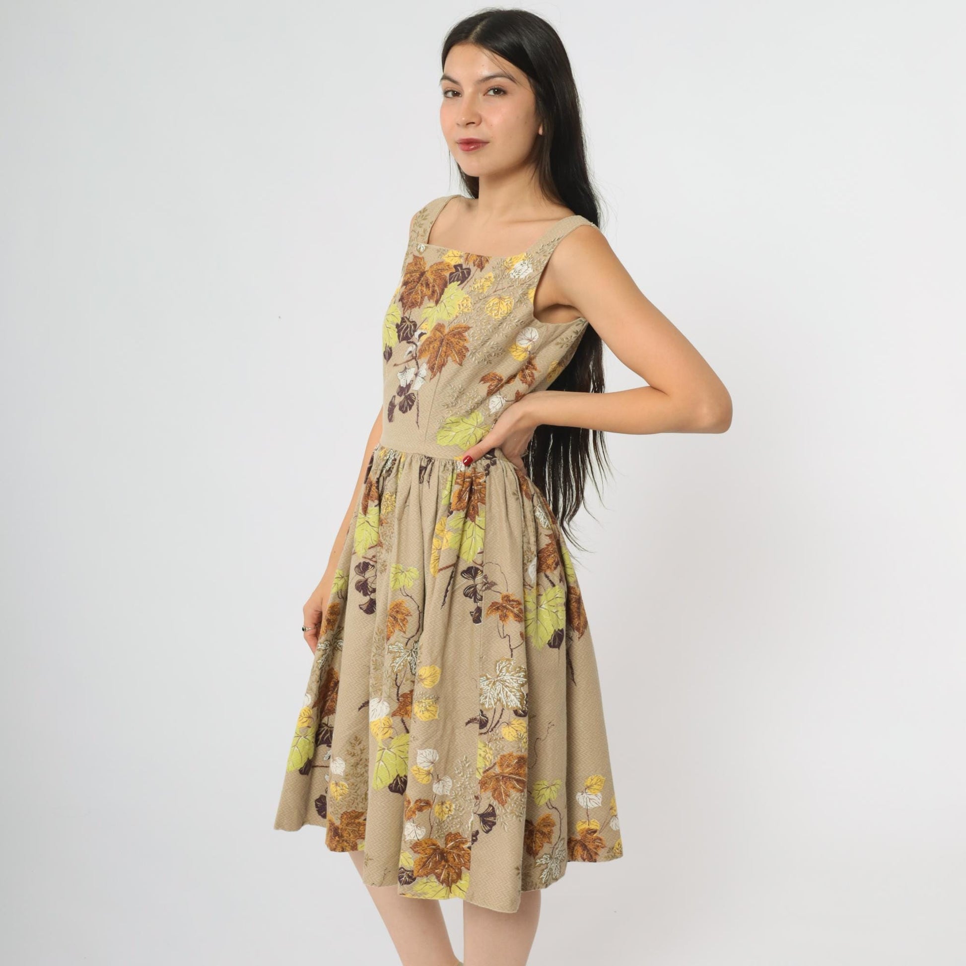 60s Leaf Print Dress Tan Brown Square Neck A-Line Cotton Small