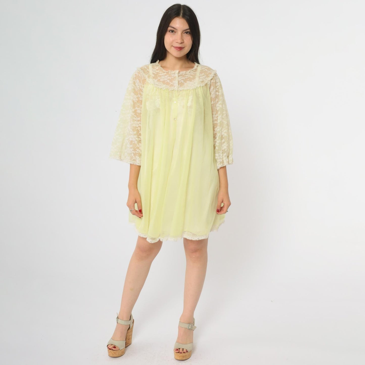 70s Van Raalte Yellow Lace Nightgown Long Sleeve Babydoll Medium M