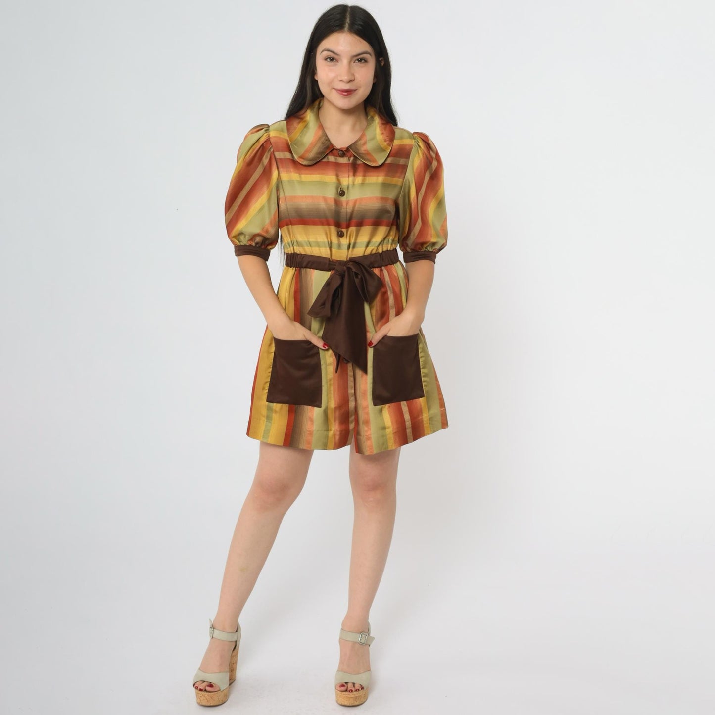 70s Rainbow Striped Mini Dress Brown Orange Yellow Puff Sleeve Peter Pan Collar Small
