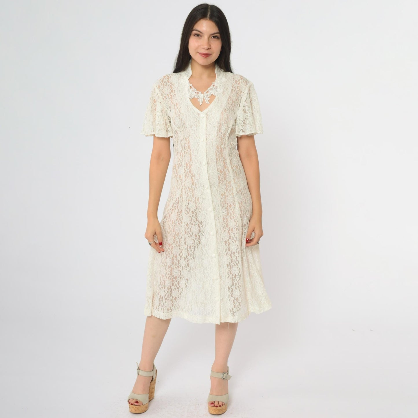 90s Dawn Joy Fashions White Lace Midi Dress V-Neck Bow Floral Medium
