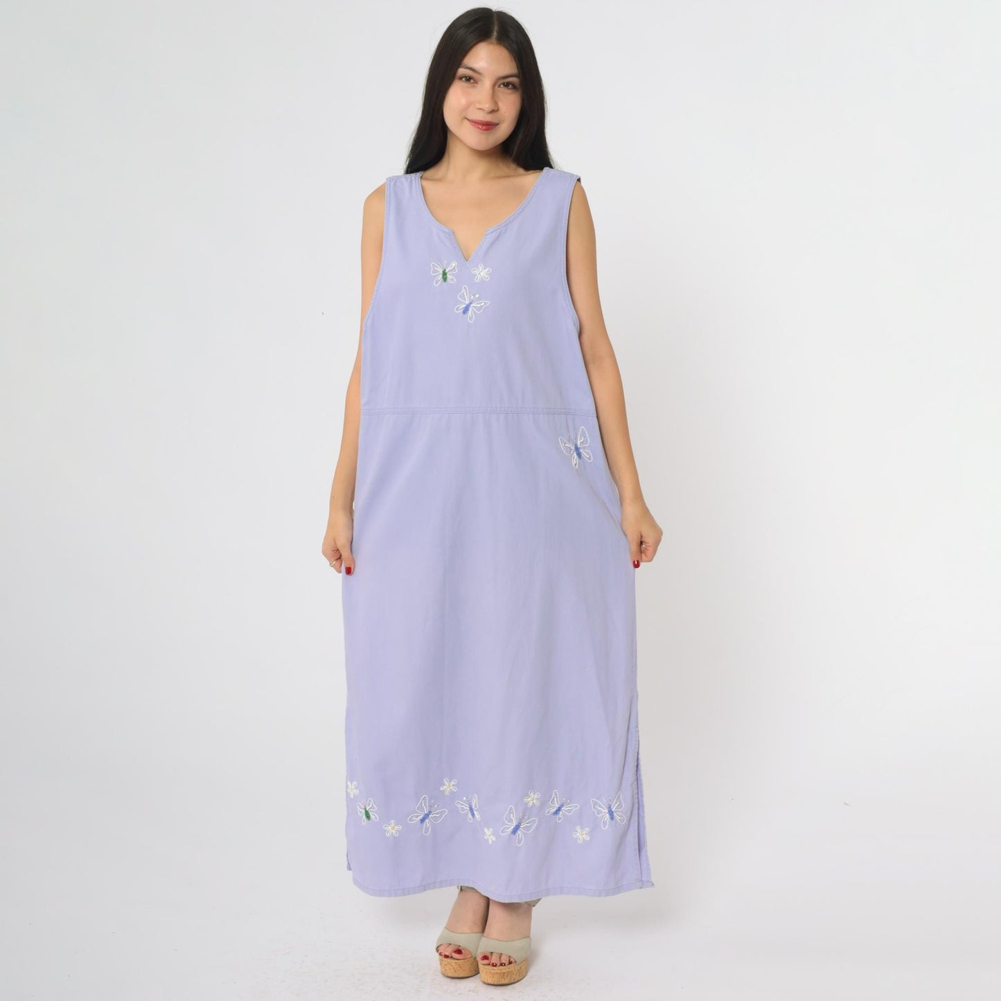 90s Mandal Bay Lavender Maxi Dress Butterfly Embroidery Sleeveless Medium M