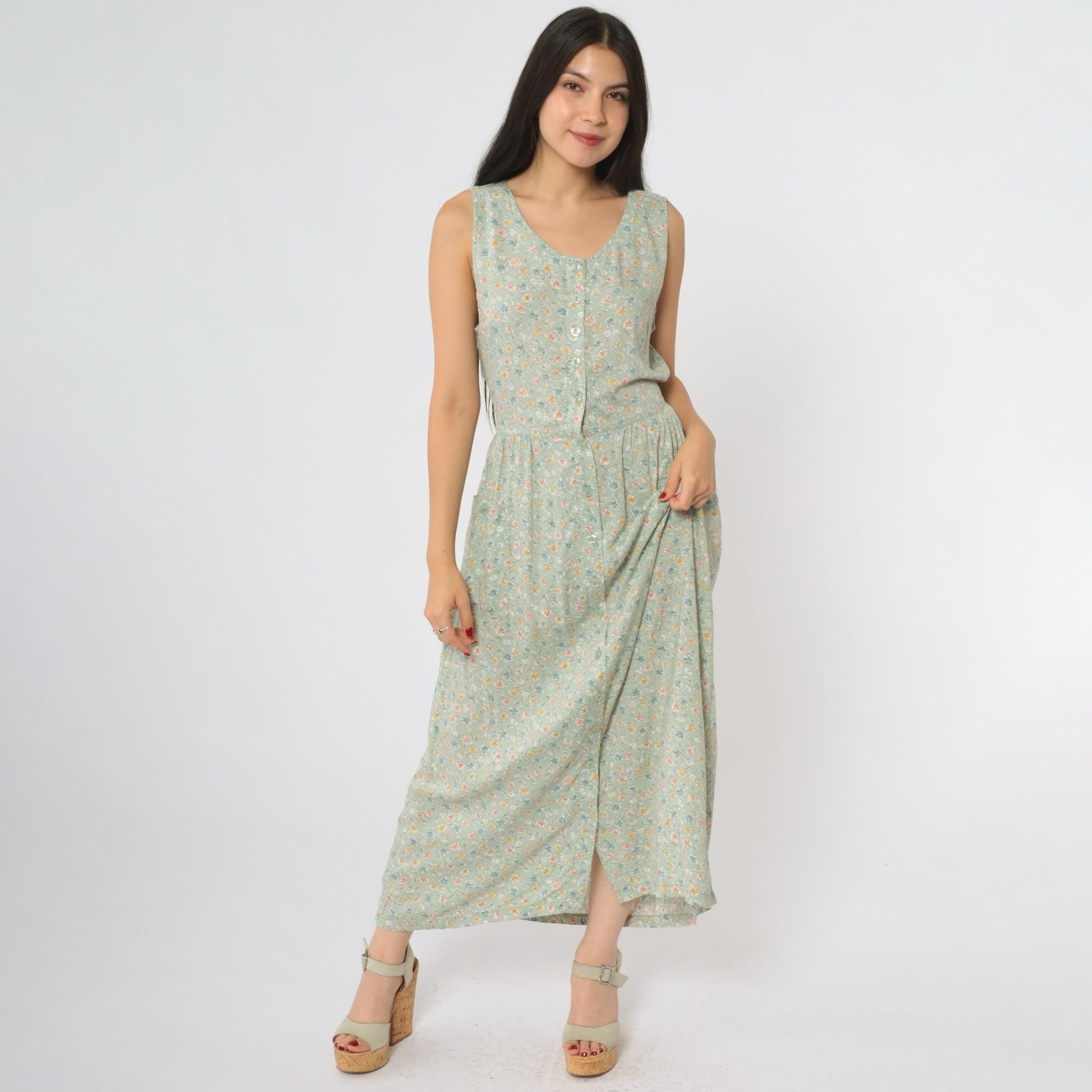 90s Sage Green Floral Midi Dress Button Front Tie Waist Sleeveless Medium M