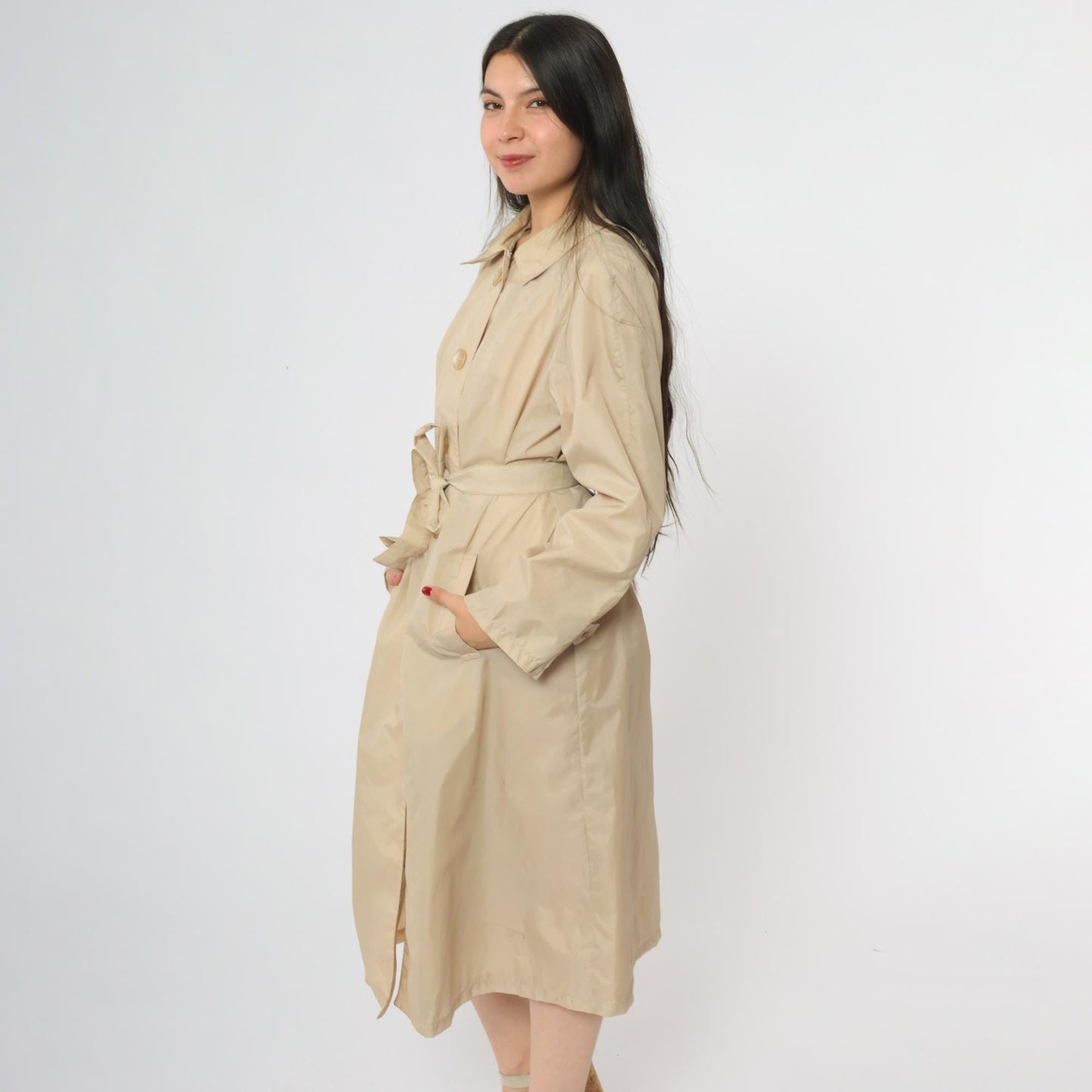 80s Lacoste Alligator Tan Nylon Trench Coat Midi Length Medium