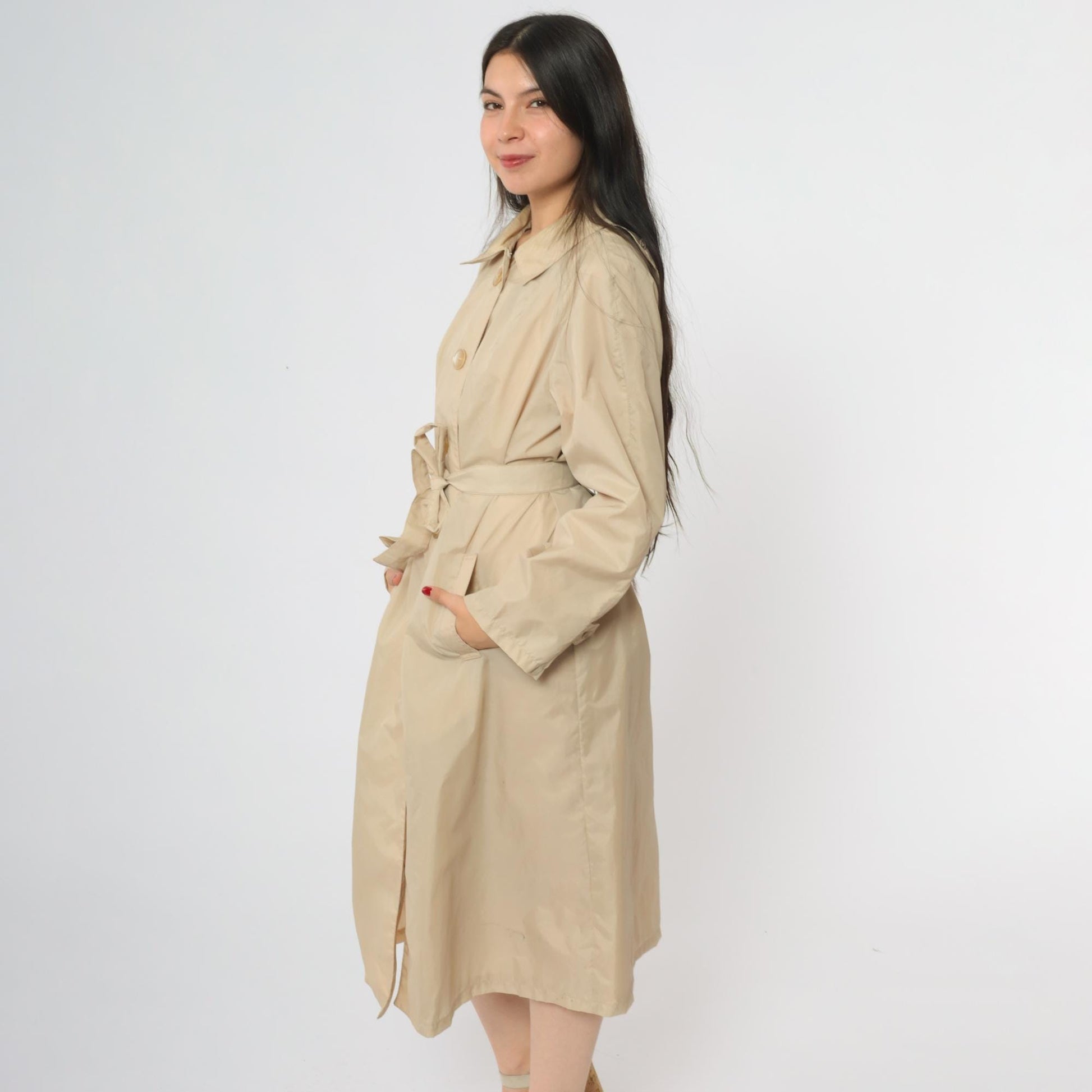 80s Lacoste Alligator Tan Nylon Trench Coat Midi Length Medium