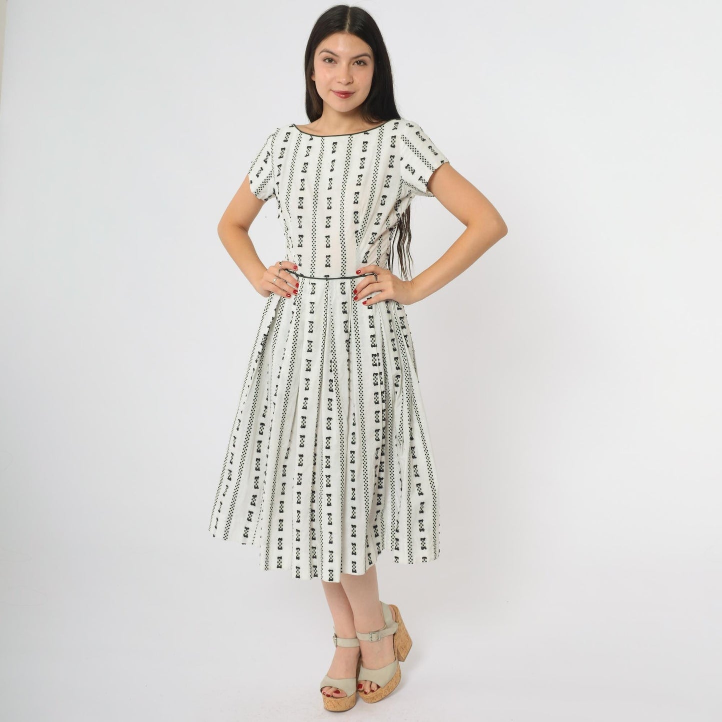 60s Geometric Print A-Line Midi Dress White Black Mod Shift XS