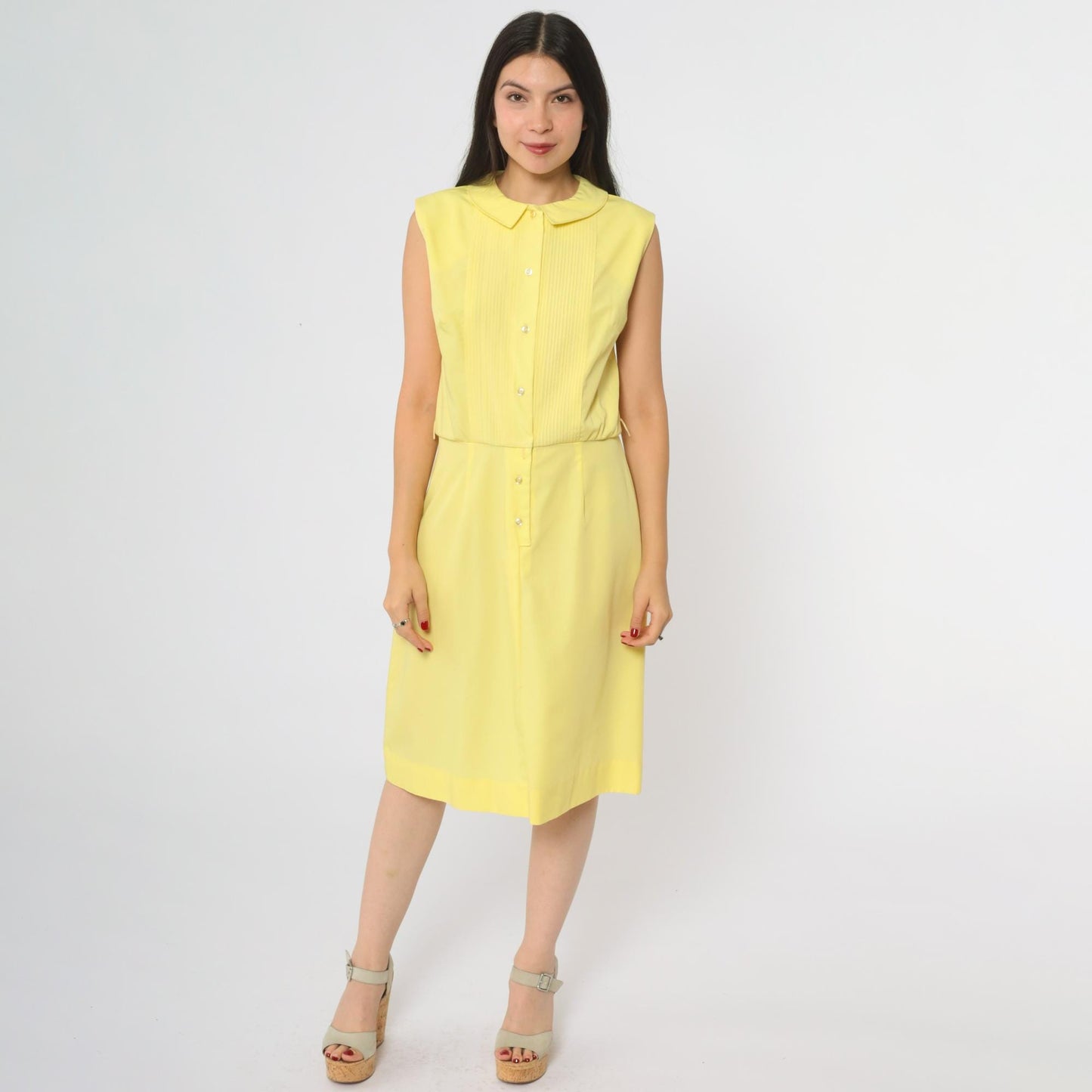 60s Yellow Lady Bird Shift Dress Peter Pan Collar A-Line Knee Length Medium