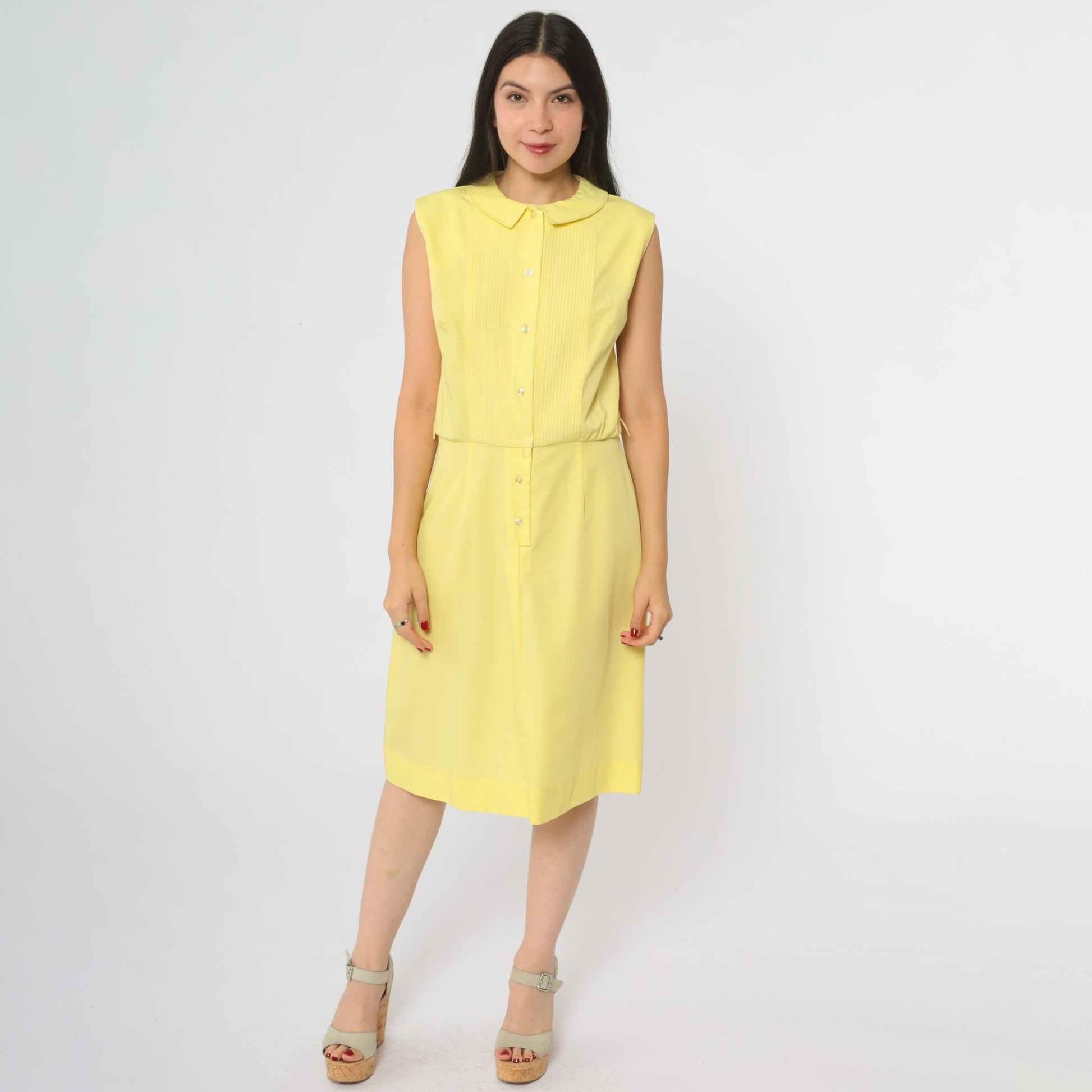 60s Yellow Lady Bird Shift Dress Peter Pan Collar A-Line Knee Length Medium