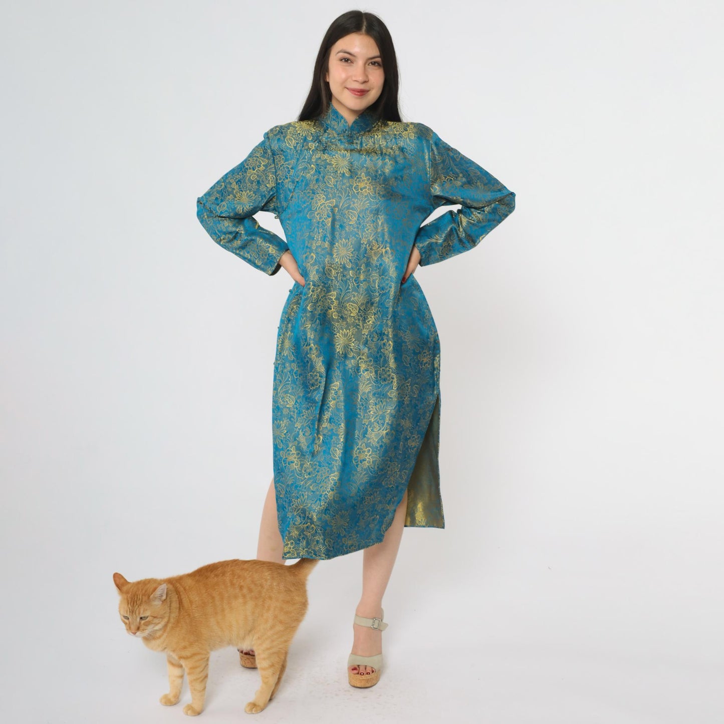 90s Teal Cheongsam Dress Gold Floral Brocade Midi Mandarin Collar Medium M
