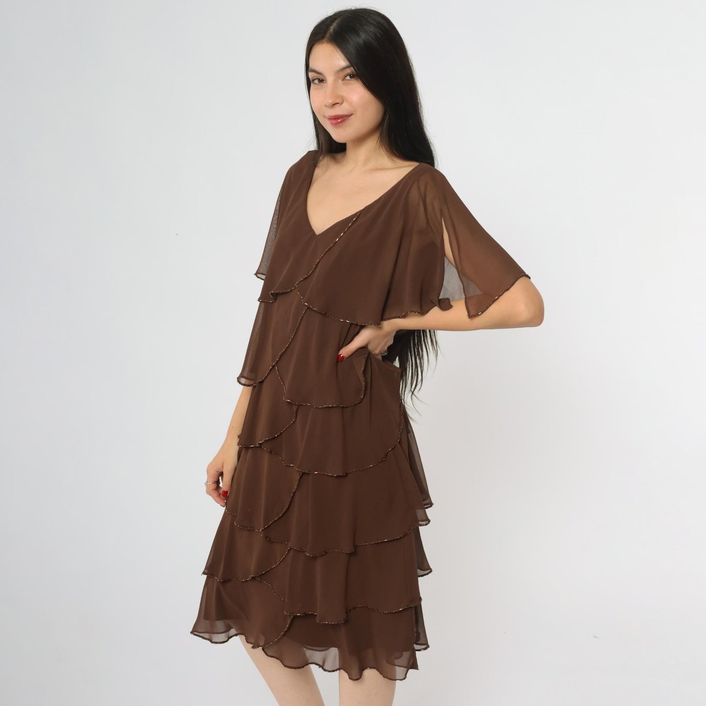 Y2K Patra Chocolate Brown Tiered Midi Dress Beaded Flutter Sleeves Large
