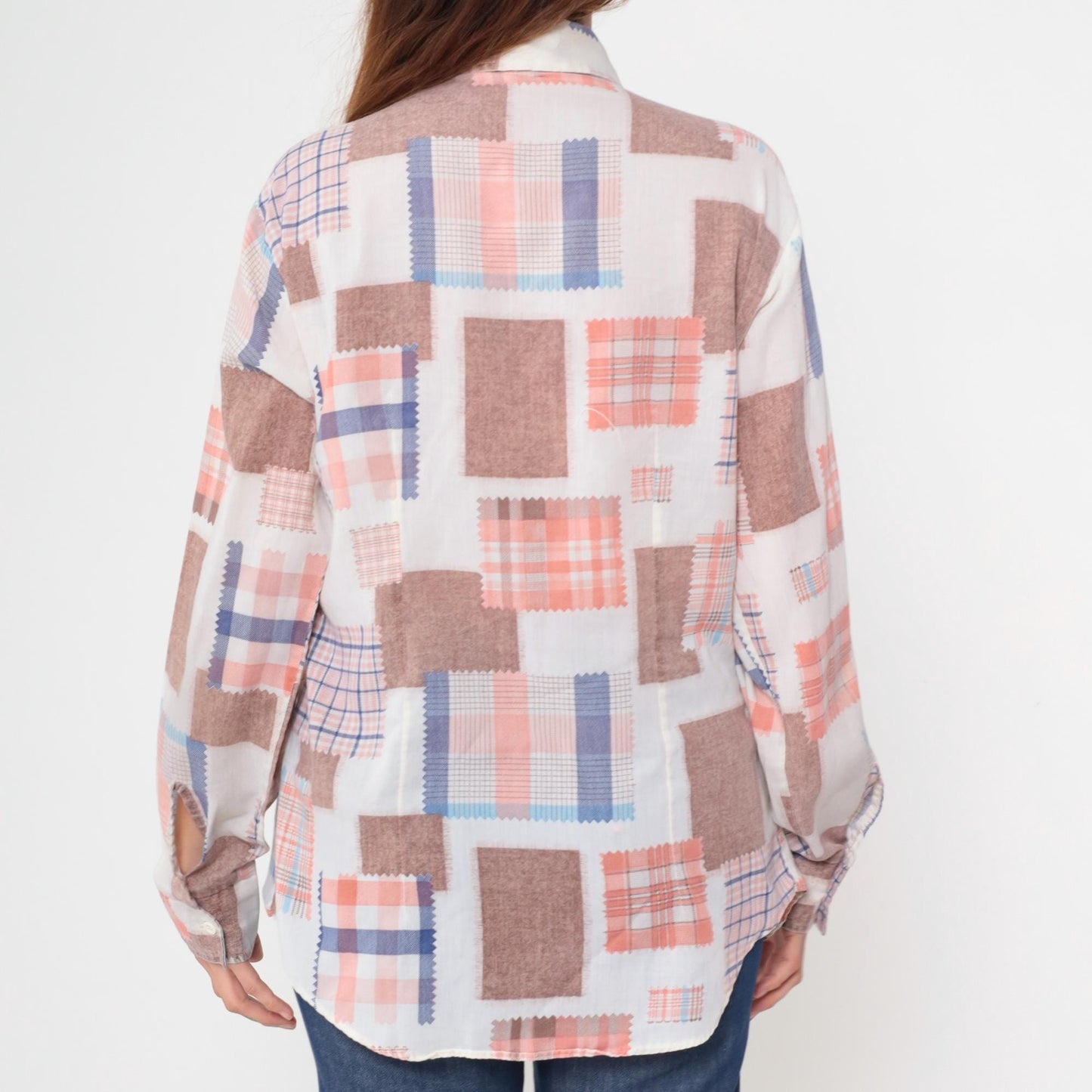 70s Patchwork Button Up Shirt Fabric Swatch Quilt Print Coral Blue Brown Large